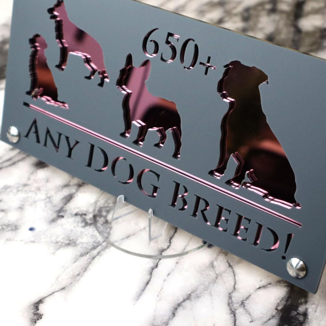 K Smart Sign | 280mm x 140mm | Personalised Dog Luxe property house Dogs wall number address Any-Dog personalised plaque numbers signs fully personalised choose your own (Grey & Rose Gold Mirror)