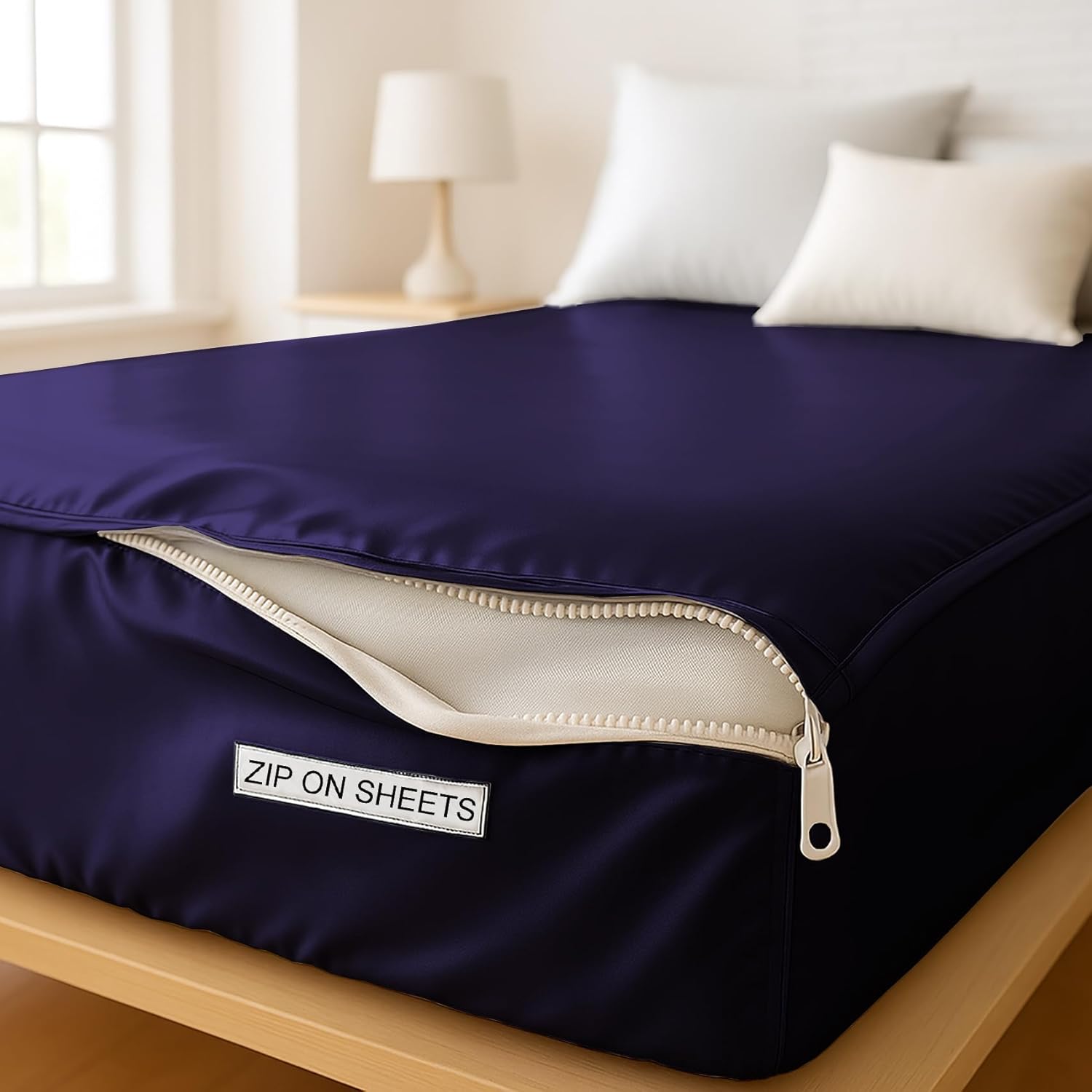 Silk Zipper Fitted Sheet King Size - Includes 2 Silk Zip-On Sheets & 1 Fitted Base 16 Inch Deep Pocket - Faster, Breathable, Smooth, Easy to Change Fitted Sheet 78X80 - Navy Blue