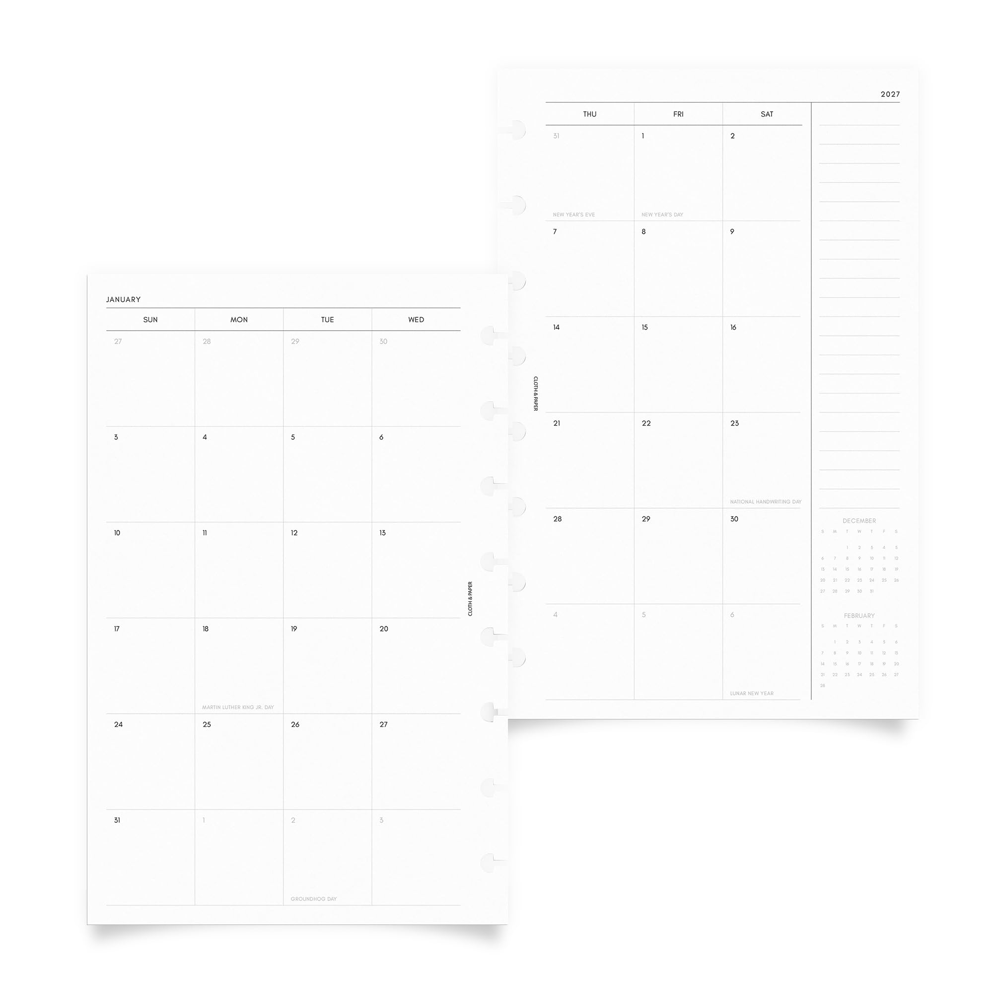 Cloth & Paper Planificateur mensuel daté 2027 - Début du dimanche - Recharges de planificateur demi-lettre avec pages de calendrier mensuel, objectifs, priorités, dates importantes, notes, jours