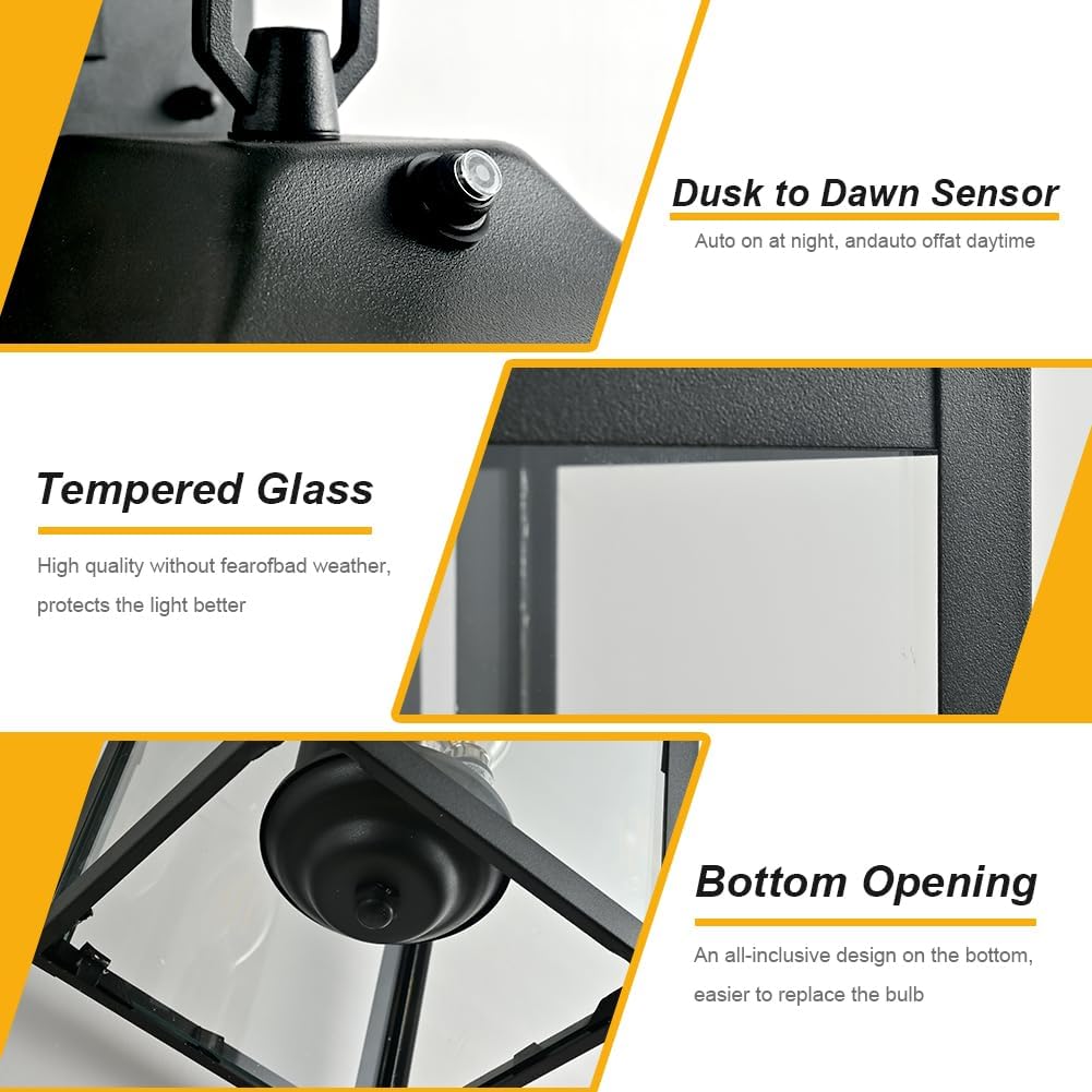 19" Dusk to Dawn Black Outdoor Wall Lantern, Waterproof Industrial Exterior Sconce Fixtures with Glass Shade, ﻿E12 Modern Sensor Outside Wall Mount Lighting for Porch Patio Farmhouse