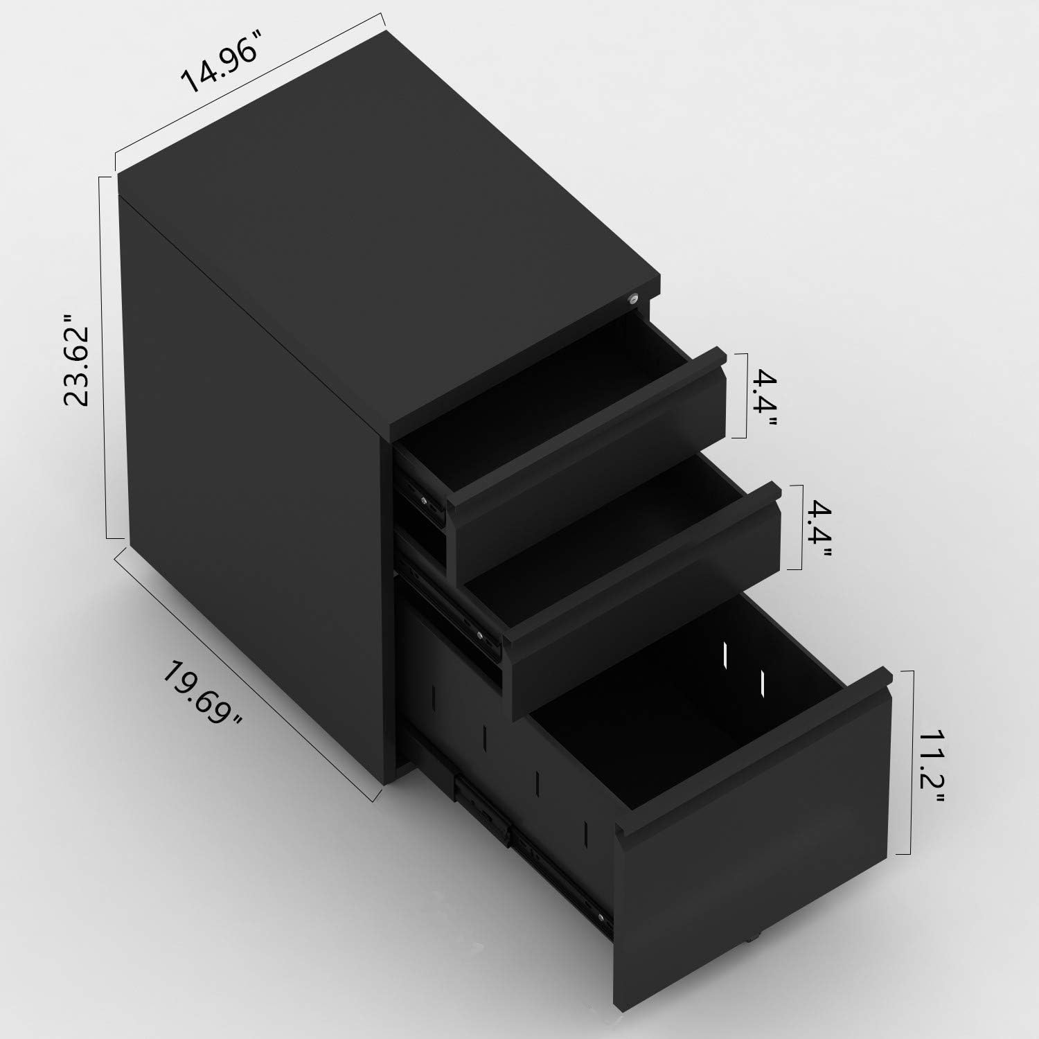 3 Drawer Mobile File Cabinet with Lock, Under Desk Metal File Cabinet for Legal/Letter/A4 File, Fully Assembled Except Wheels, Black