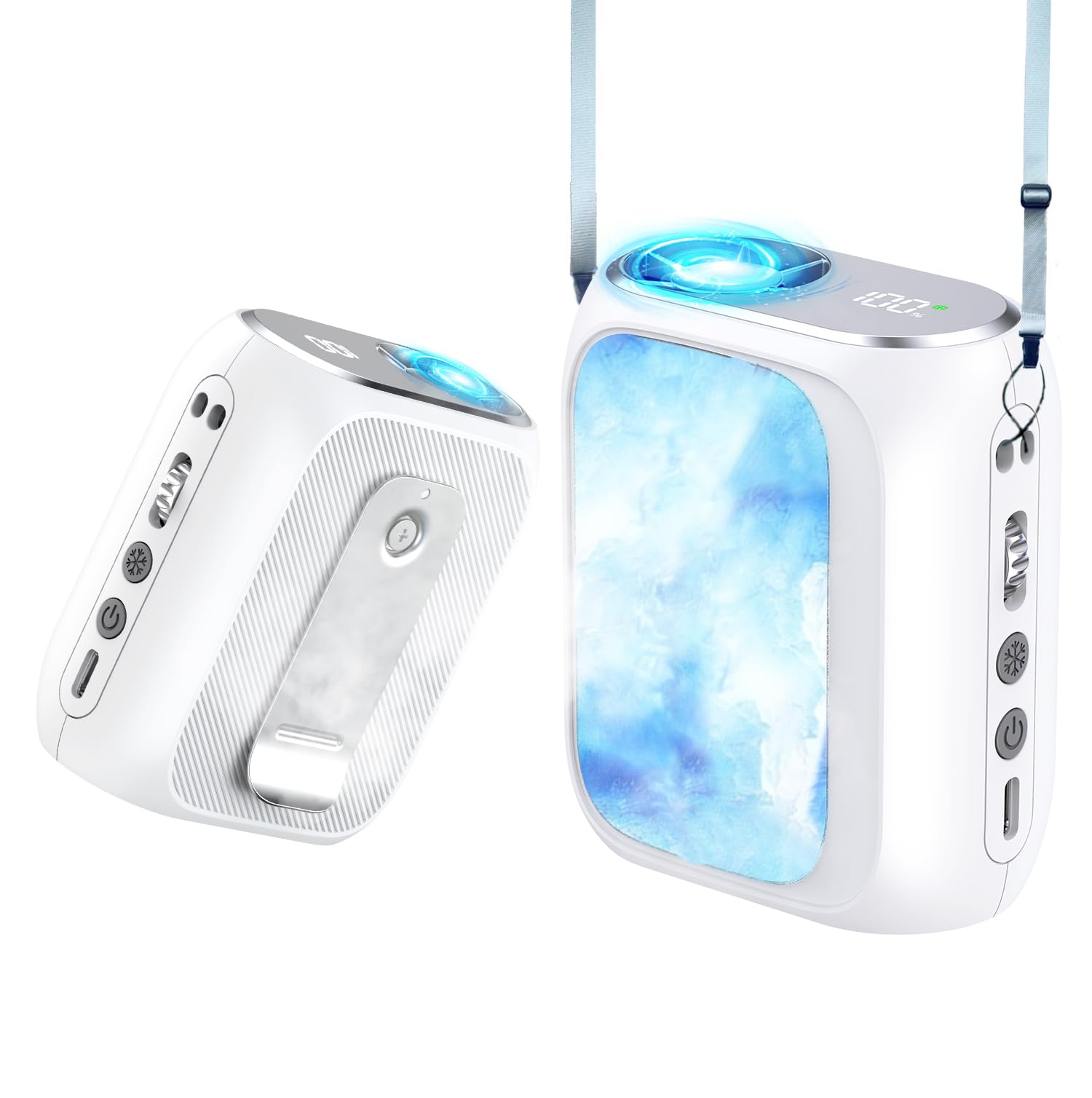 Ventilateur de Taille Portable avec Plaque de Refroidissement Glacée, Ventilateur Climatiseur Cou 20000TR/M Turbo, Ventilo Pince Ceinture 5000mAh Rechargeable 100 Vitesses pour Extérieur Voyage Bureau