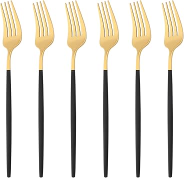 6Pcs Black Gold Dinner Forks 18/0 Stainless Steel Forks Set for Home Kitchen and Restaurant, Mirror Finished, Dishwasher Safe 8.46-Inch, SeT Of 6