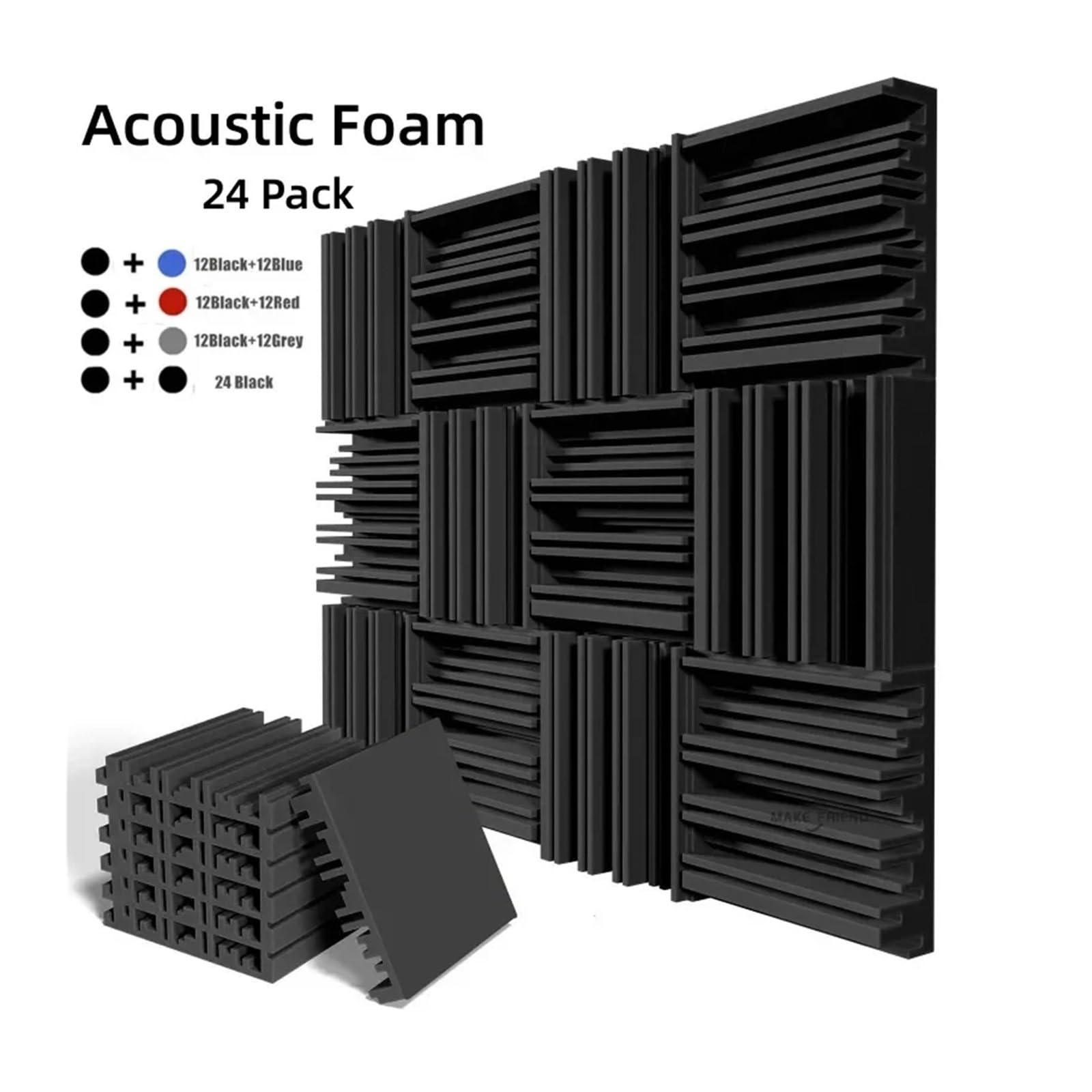Pannelli Fonoassorbenti Per Pareti 24Pcs Studio Acoustic Foam Sound Absorbing Noise Insulation Proofing Treatment Panels 25x25x5cm(12Black12Grey)