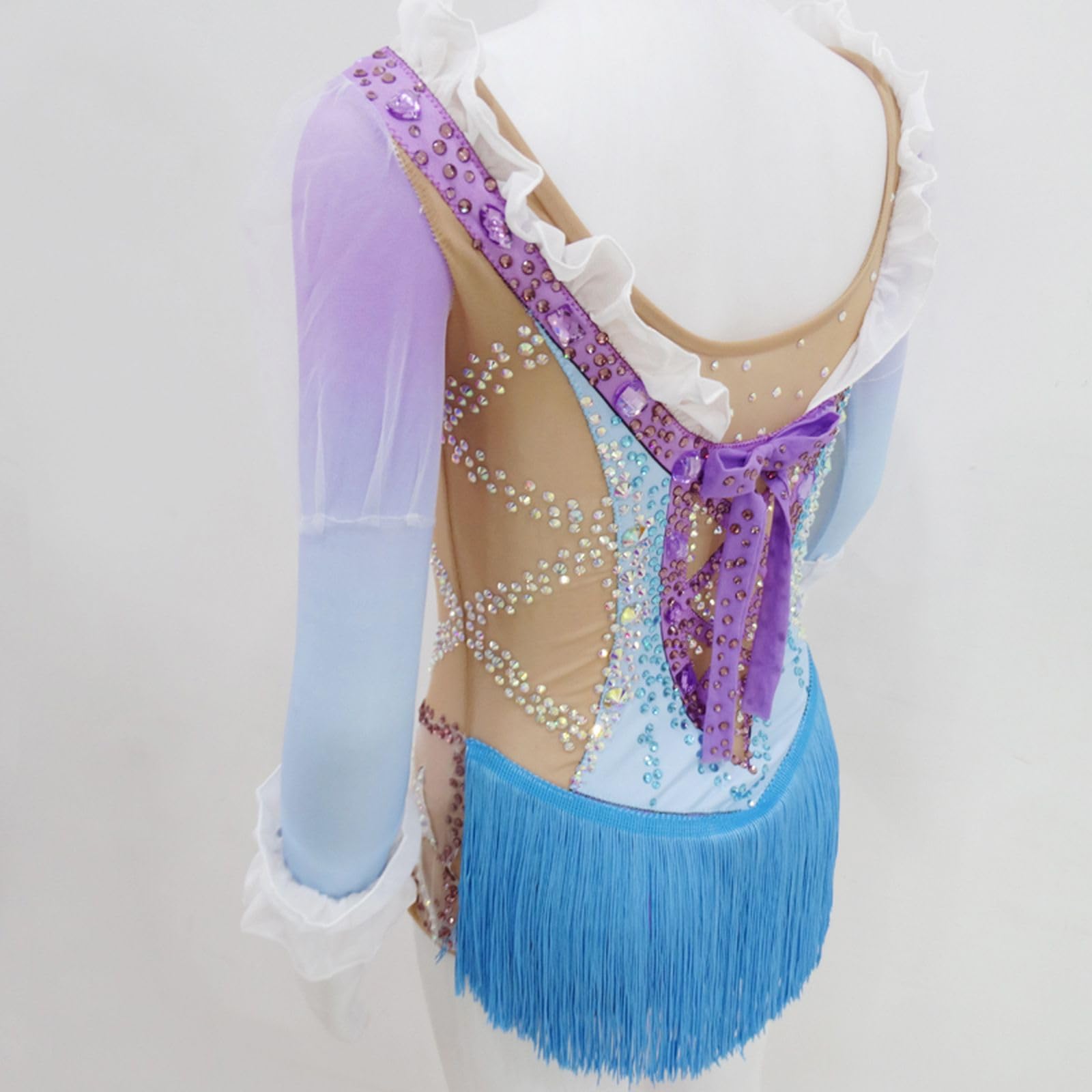 LIUHUO Maillot de gimnasia rítmica cuello redondo mangas tres cuartos borlas rendimiento competición