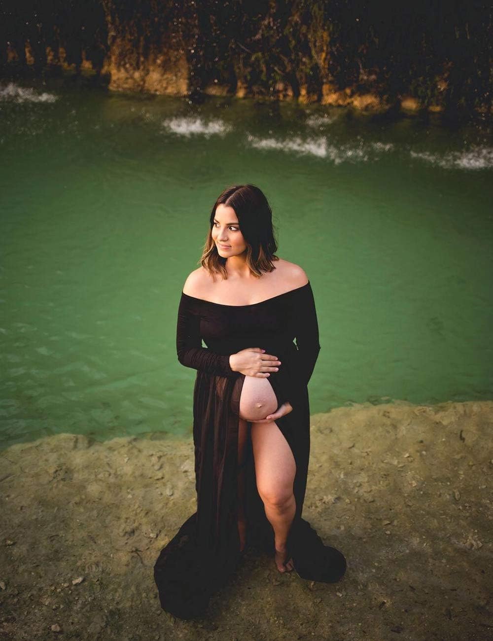 JustVH Maternity Off Shoulder Chiffon Gown Long Sleeve Front Split Maxi Photography Dress for Photoshoot - Image 5