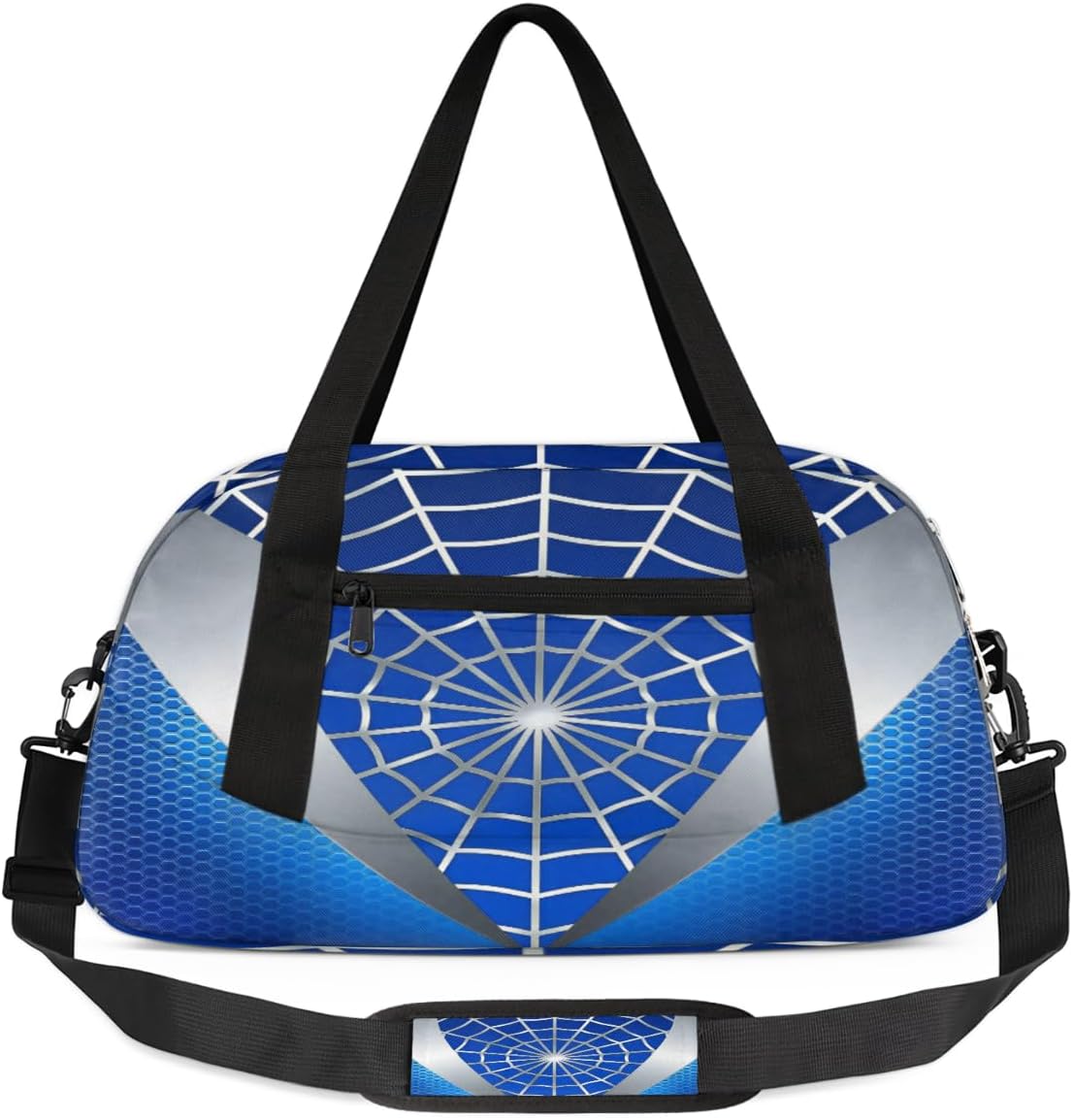 Gym Travel Duffle Bag for Boys - Kids Overnighter Weekend Bag with Front Zipper Pocket for School Practice, Blue Spider Web Teens Carry-On Size Sleepover Bags
