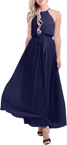 Miniatura 4 de iiniim Vestido largo de gasa con cuello halter para mujer, vestido largo para fiesta de noche, dama de honor