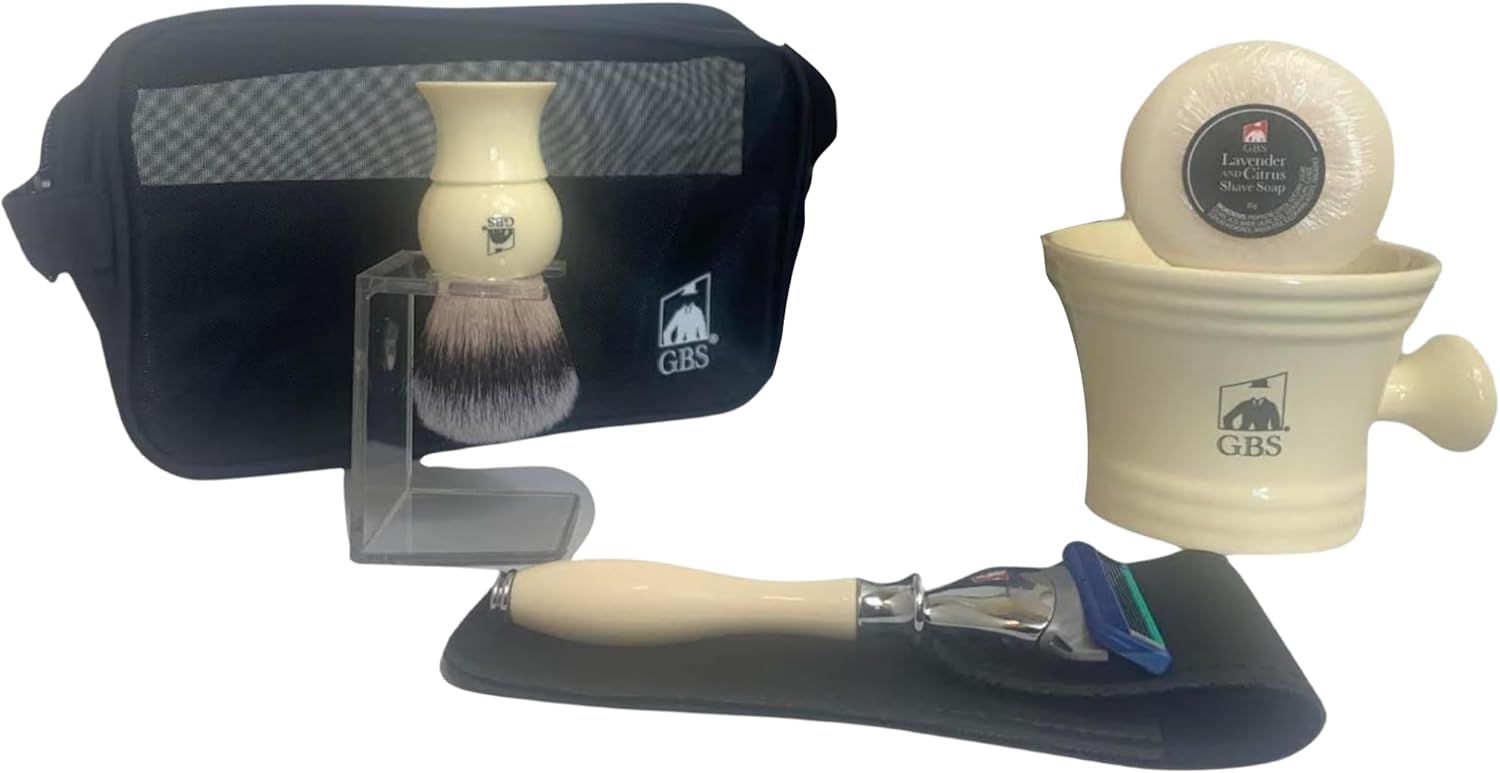 G.B.S Men's Deluxe Grooming Ivory Set- 5 Blade Razor with Travel Case, Synthetic Bristle Brush and Stand, 4.5in Diameter Ceramic Mug, Mesh Toiletry Travel Bag ahd Natural Glycerin Shave Soap