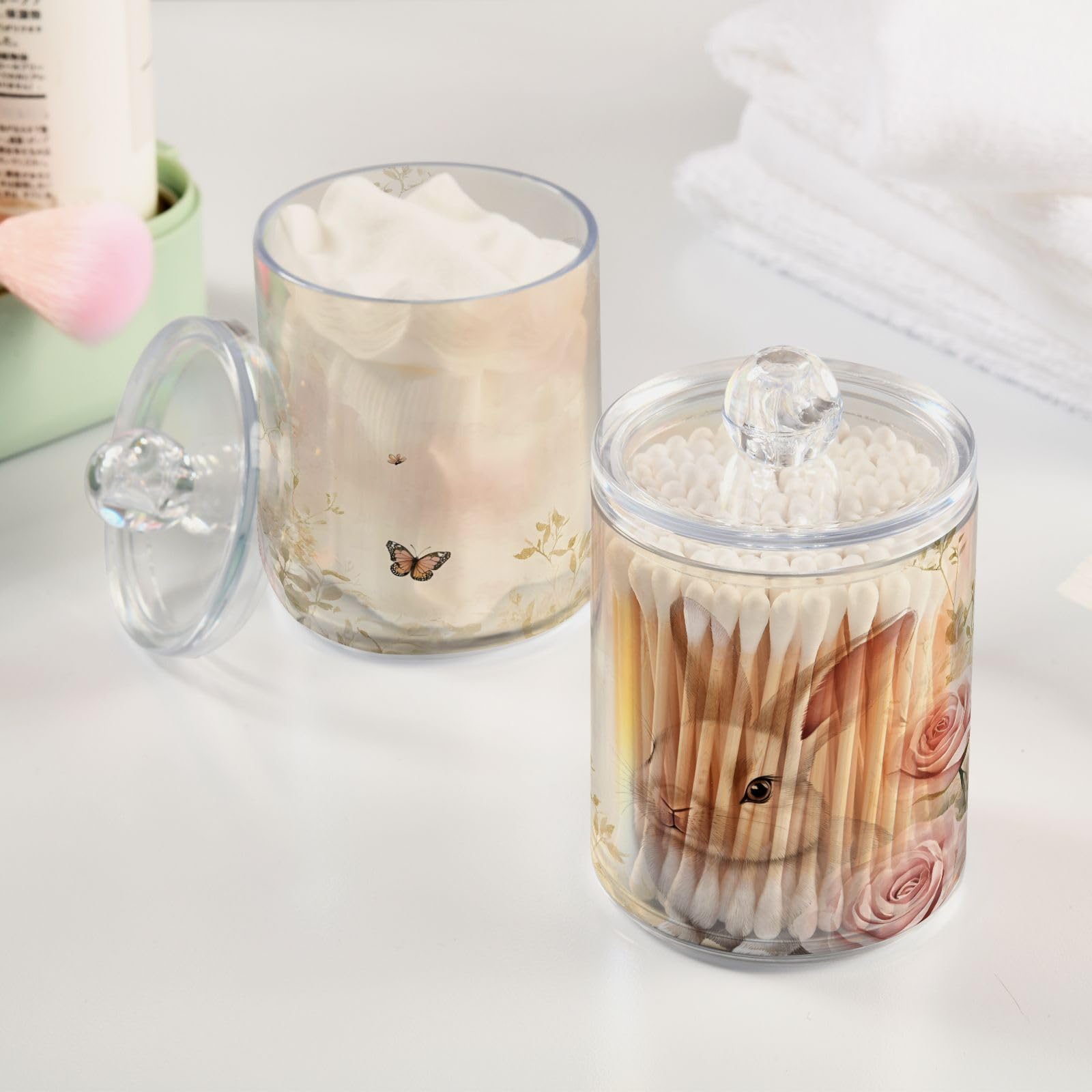 ALAZA 2 Pack Qtip Holder Cute Rabbit Roses Butterfly, Cotton Swab Dispenser with Lid Bathroom Containers Canister Organizer Storage Jar