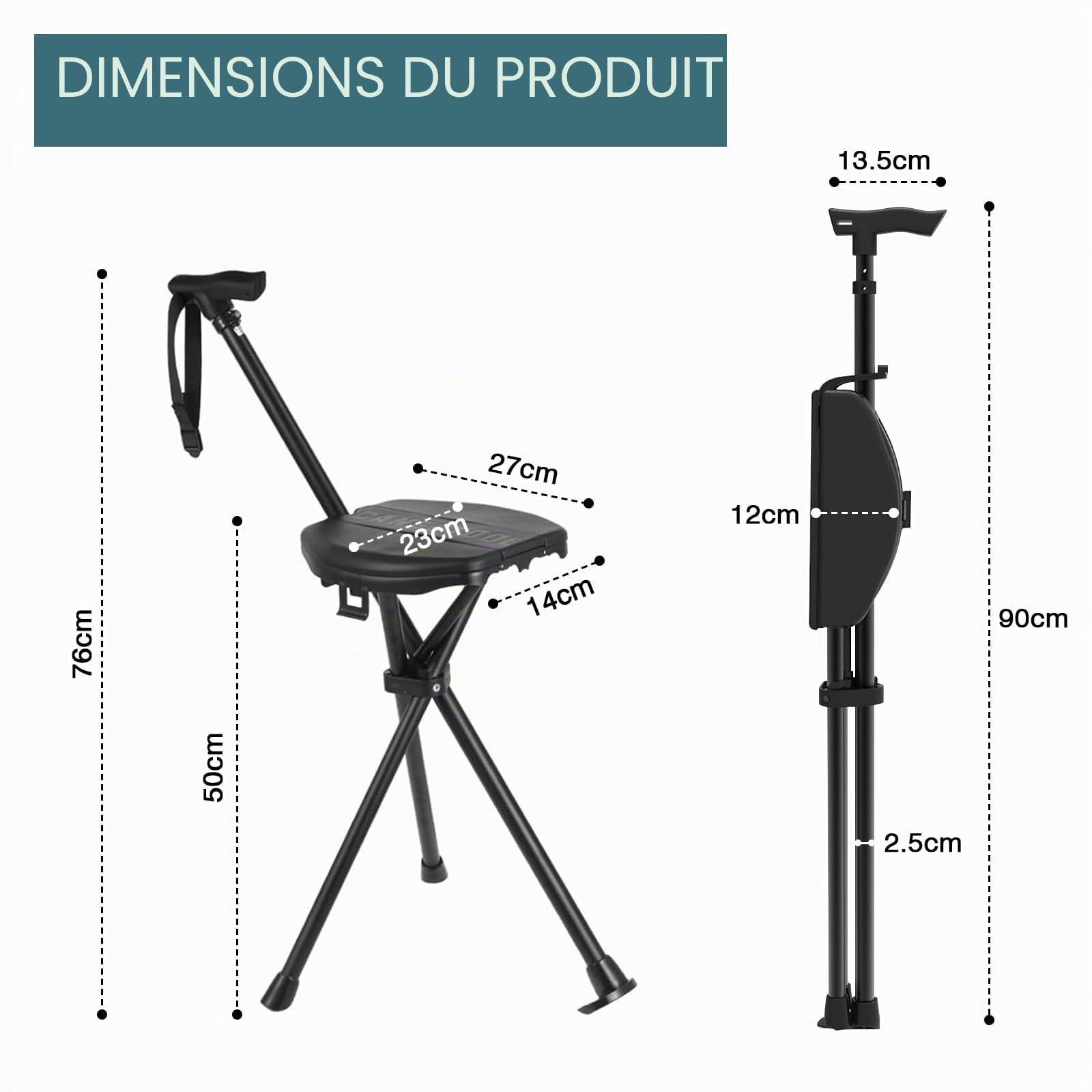 Canne de marche pliable avec siège 95-104 cm, Charge max.: 250 kg