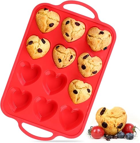 Miniatura 10 de CAKETIME Molde para magdalenas de silicona en forma de corazón, marco reforzado de metal, 12 tazas, moldes de silicona para hornear magdalenas,