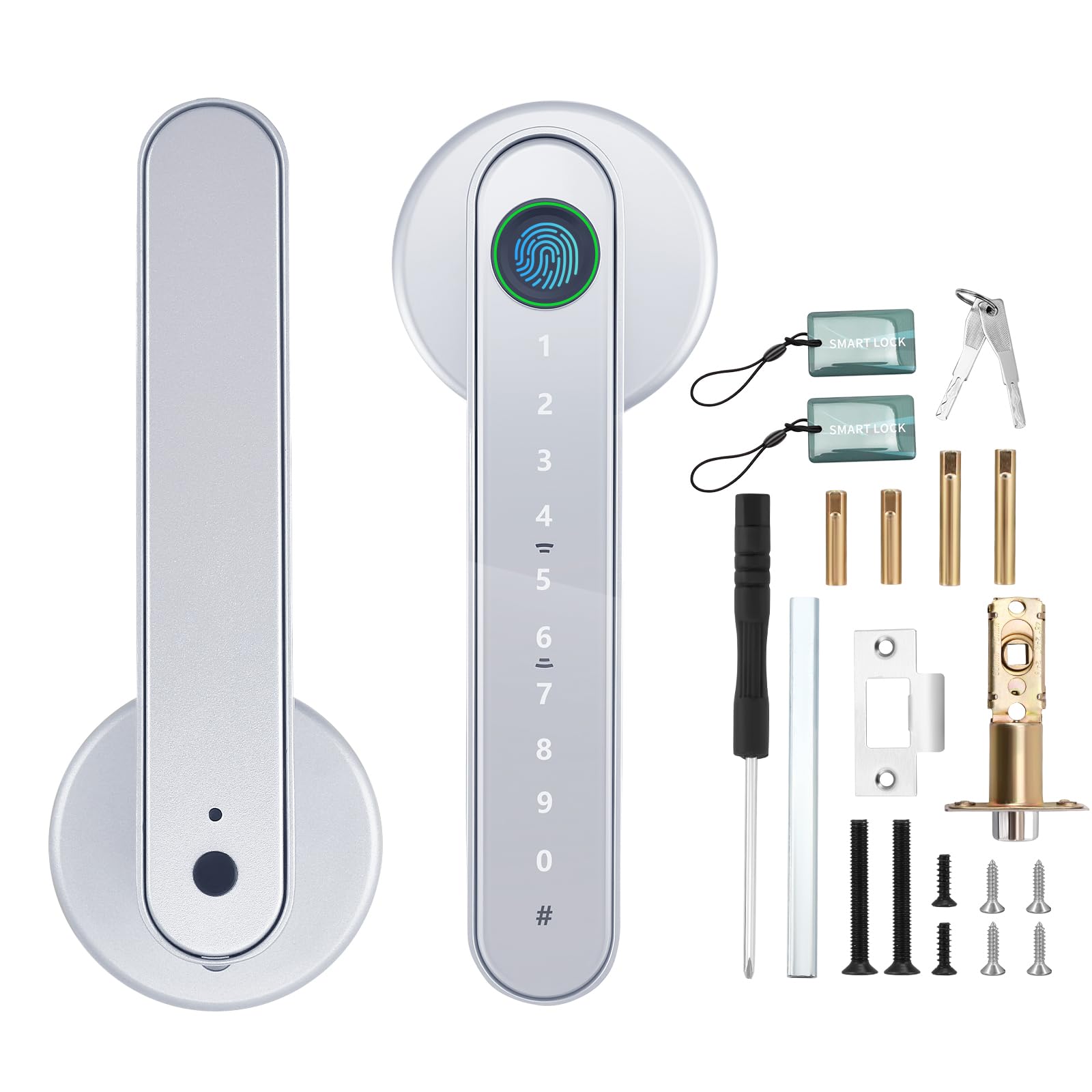 5 in 1 Smart Door Lock, Advanced Automatic Digital Handle with APP/Fingerprint/IC Card/Code/Keys, Biometric Door Lock for Front Door Bedroom Office Hotel(Silver)