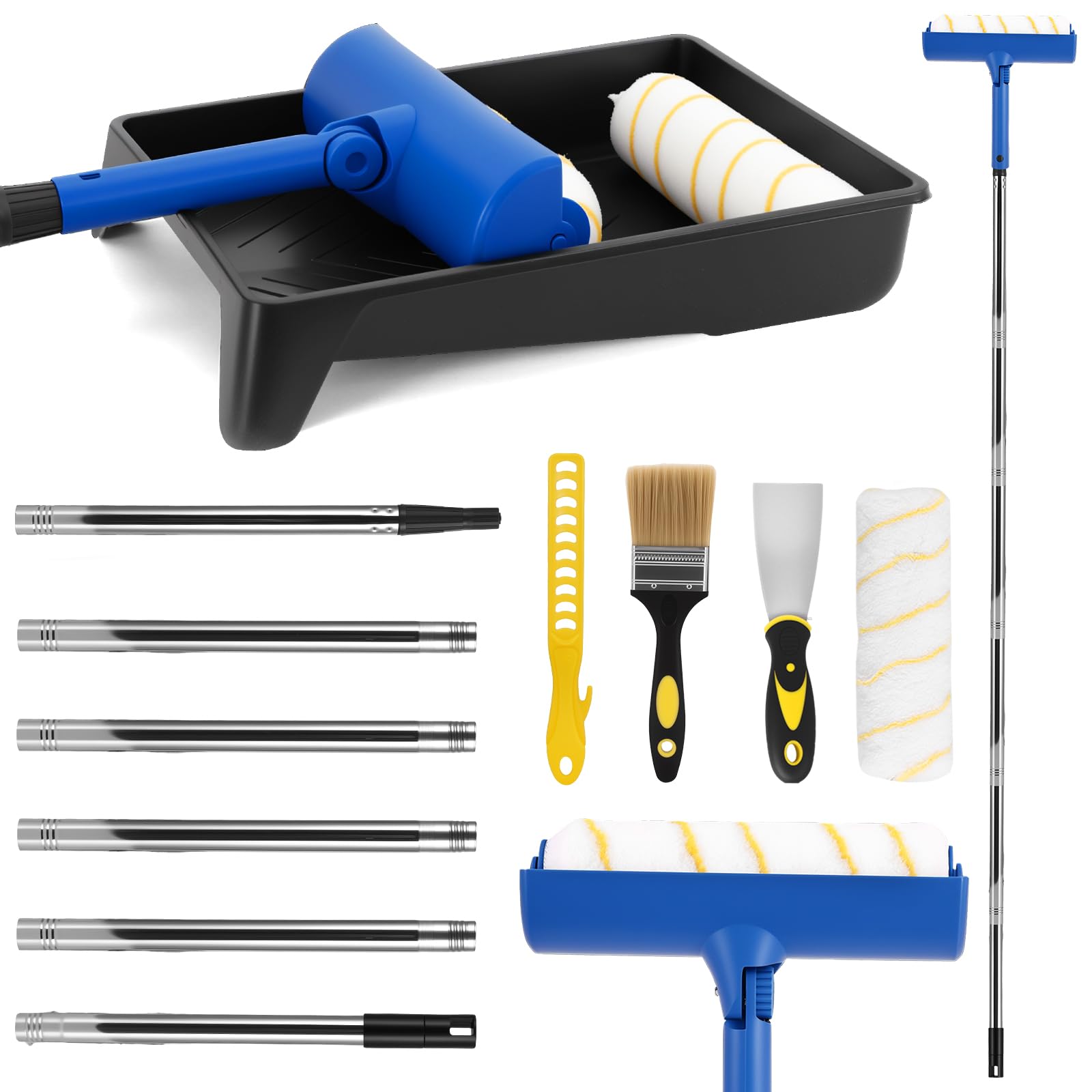 Paint Roller and Tray Set, 9 Inch Paint Roller Brush Set with 1.7M Extension Pole, 12pcs Paint Roller Set Include Paint Tray Brush Roller Paint Mixer Tapered Adapter for Painting Walls and Ceilings