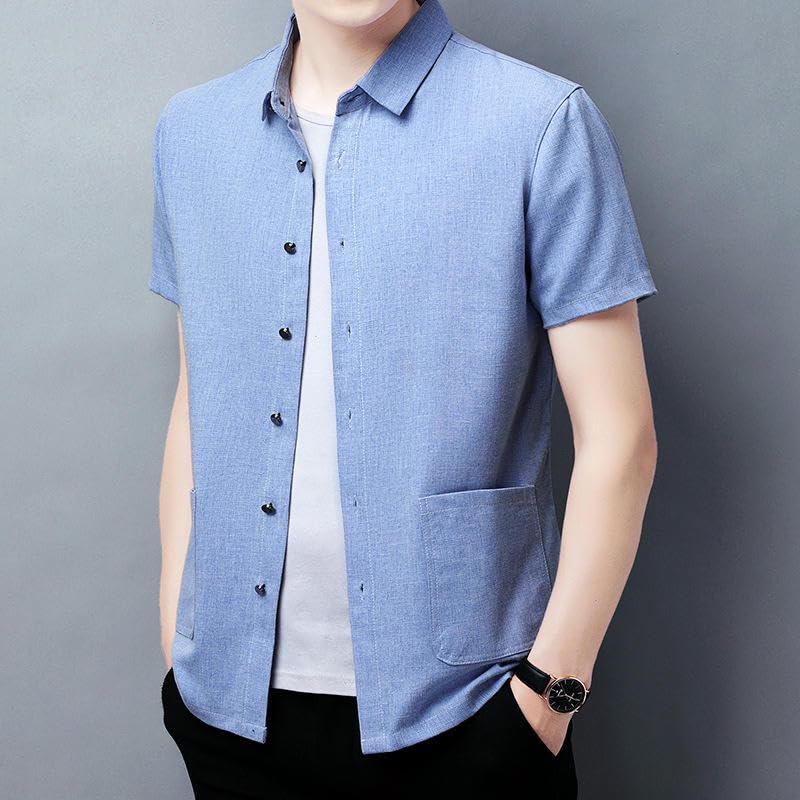 Chemise en coton et lin homme légère ample et décontractée multi-poches