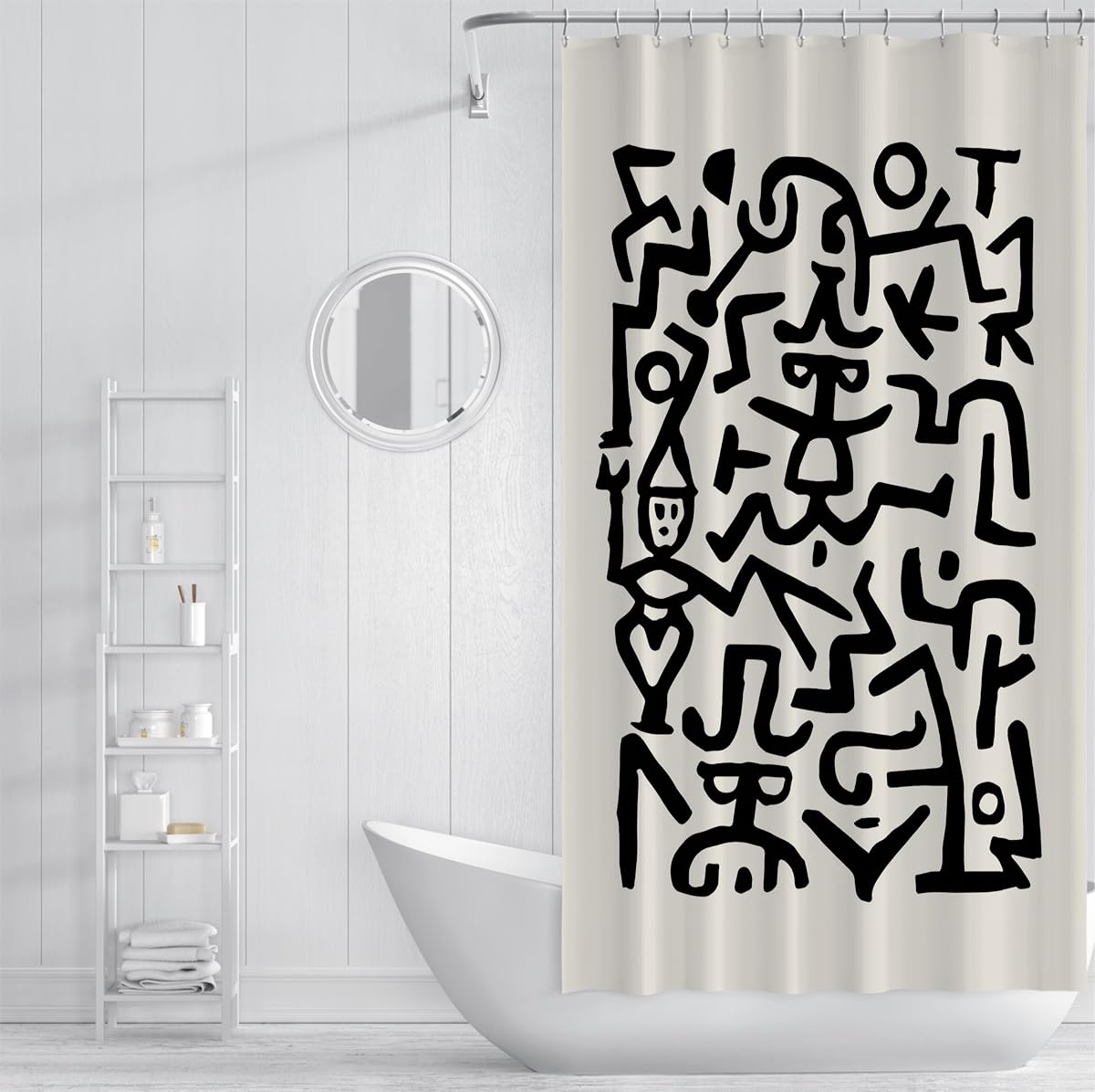 Dessin en Ligne Noir et Blanc Rideaux Douche Figures abstraites & Symboles Décoration Salle Bain Style Urbain Rideau Bain en Tissu Polyester étanche Style Urbain avec Crochets W120xL200 cm
