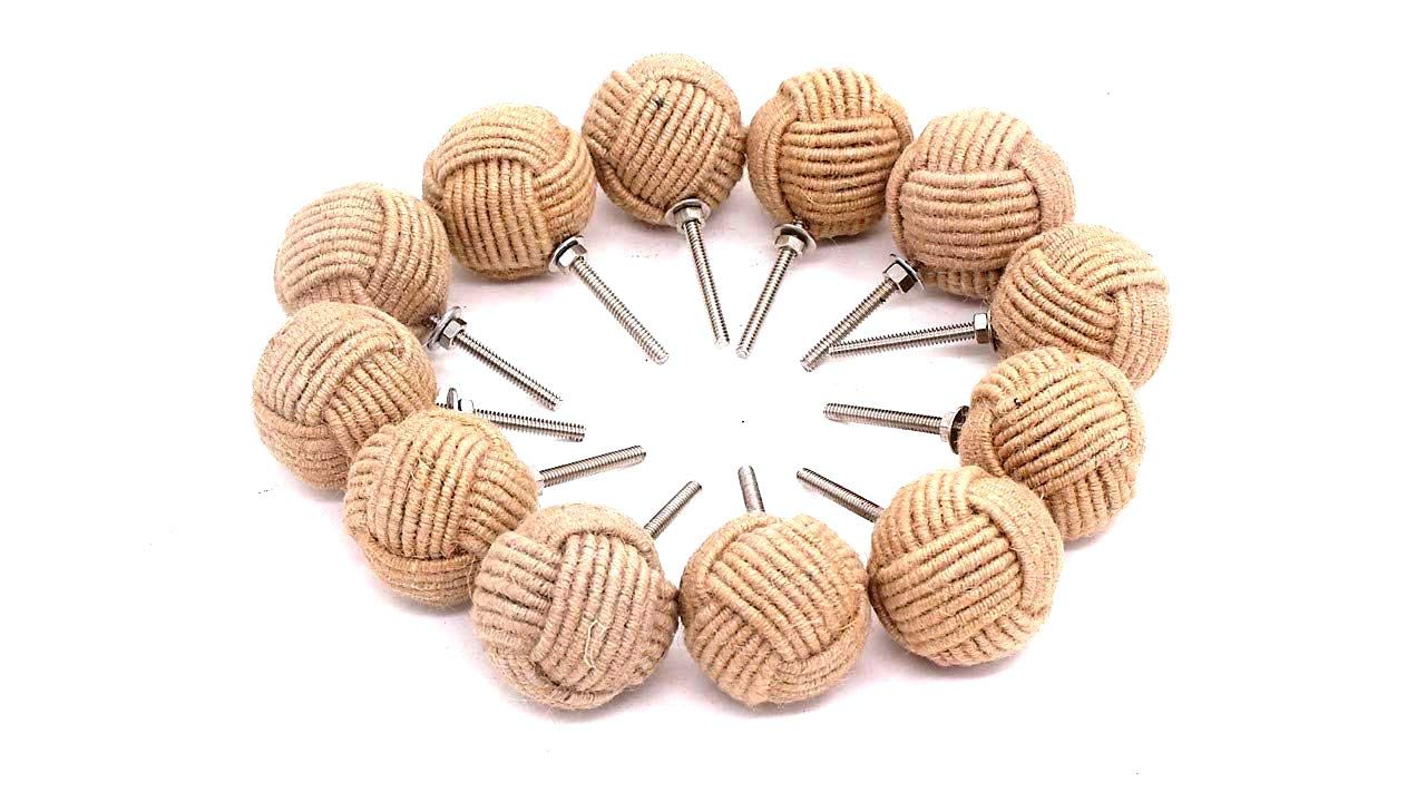 THOR INSTRUMENTS(with device) Set Of Six Round Natural Jute Drawer Handles - Ideal For Updating Existing Furniture - ⌀4Cm