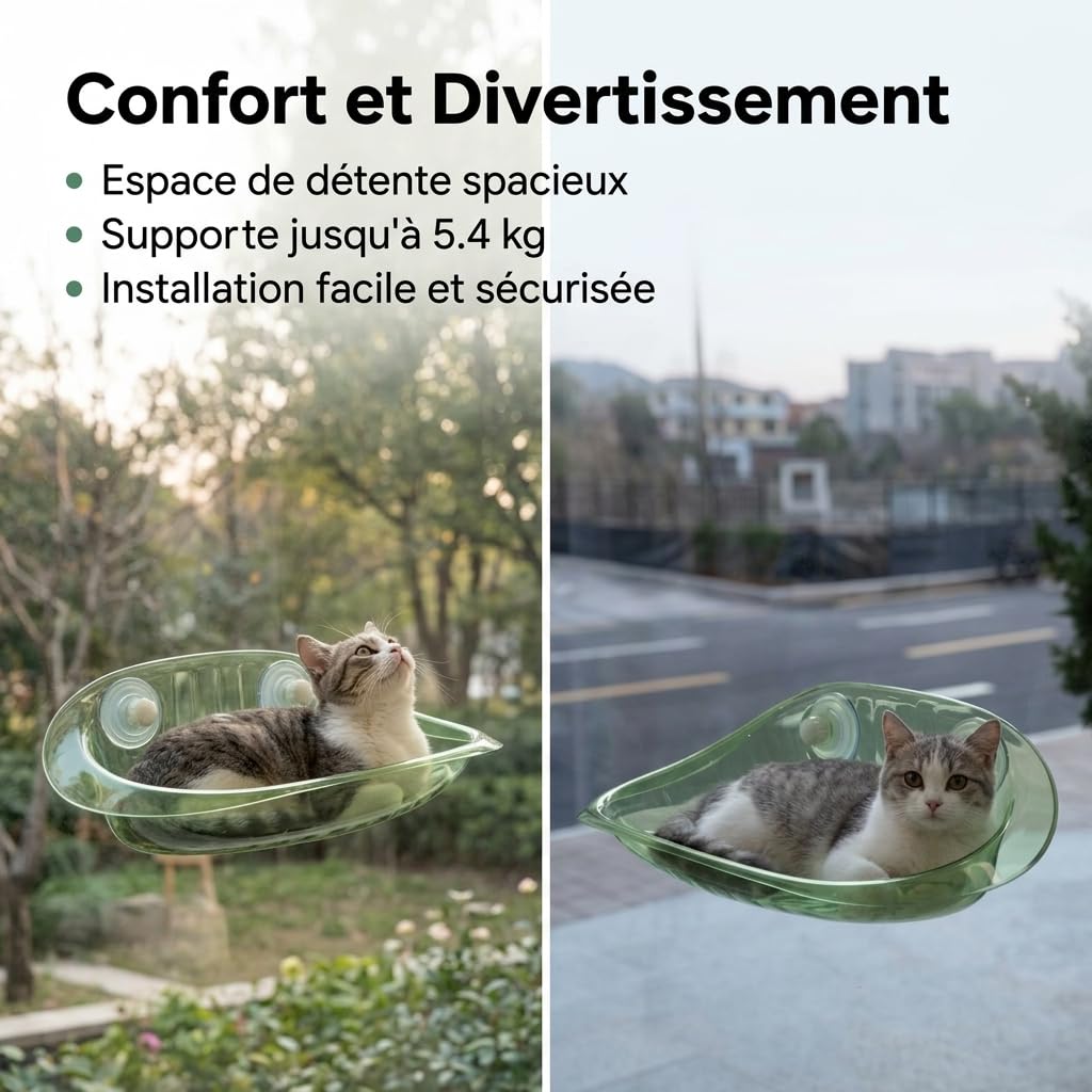 Hamac Fenêtre Chat Suspendu Support Mural Peluche Plateforme Relaxation Animal Lit Chat Sécurisé Matériau AS Solide pour Animaux de Compagnie Détente Intérieur Observation Fenêtre, Vert Agate