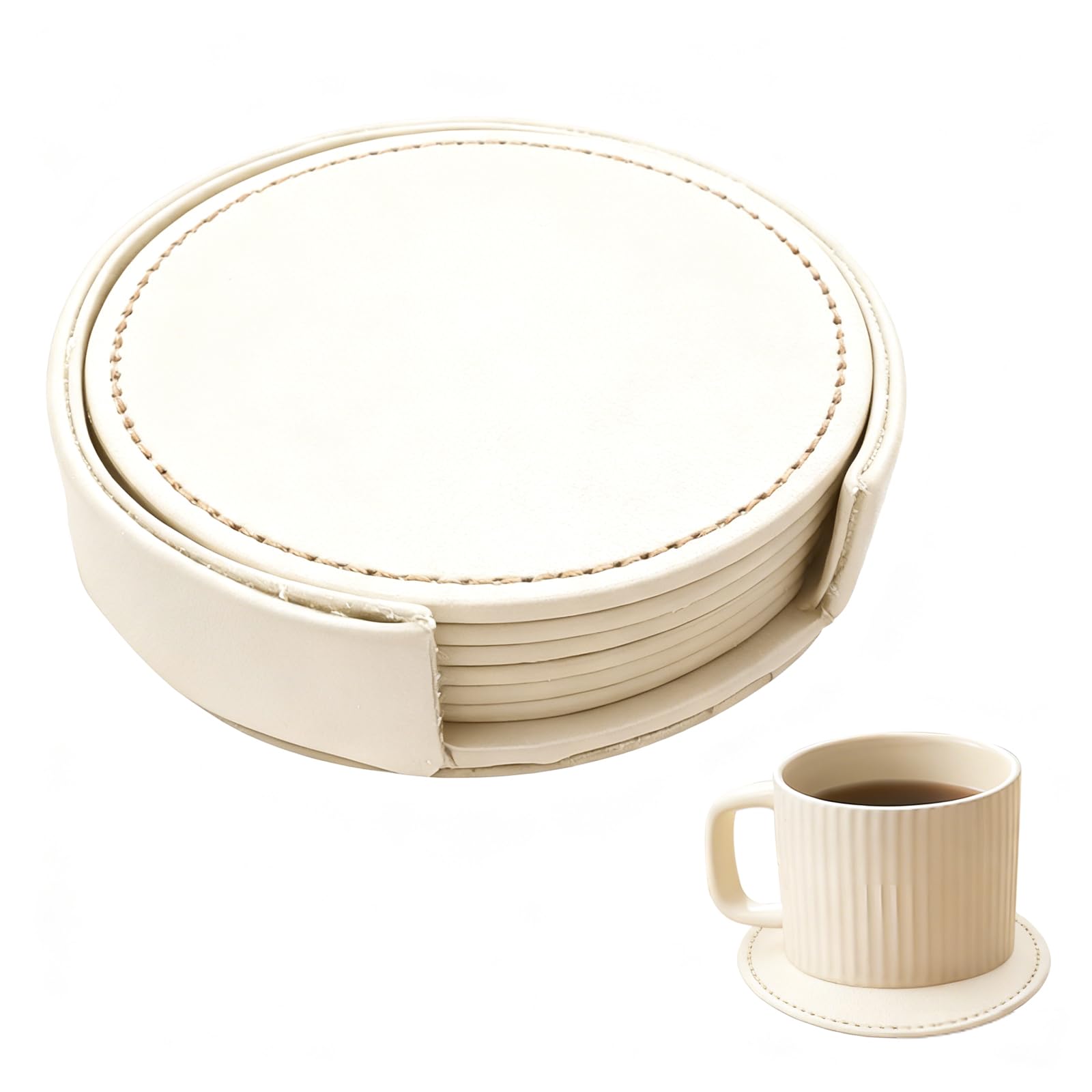 6 Packs PU Coasters Set, Soft Leather Drink Coaster with Holder, Round Drink Coasters Set Coffee Mats Heat Resistant Table Protector Mats for Various Cups Wooden Tables(Black) (White)