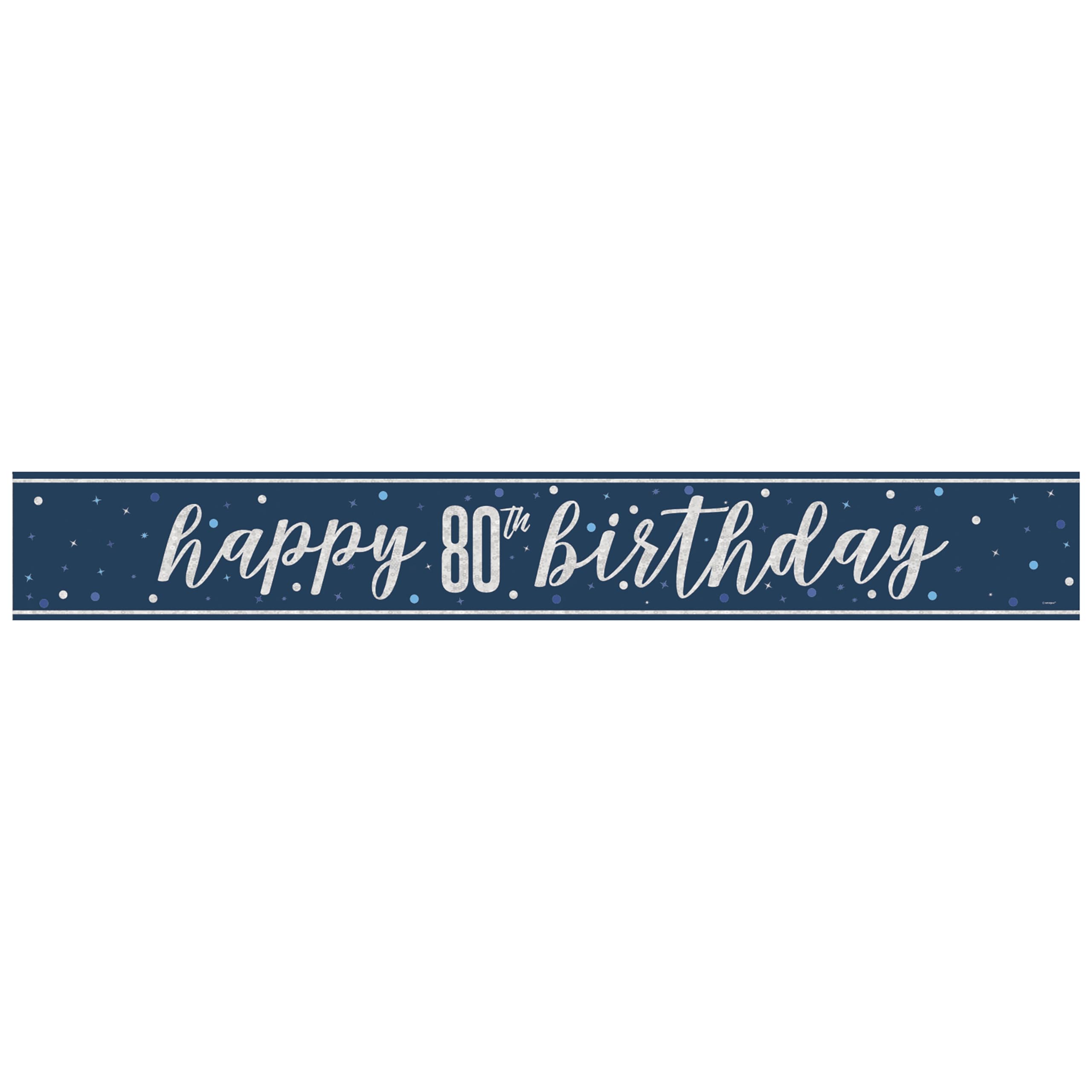 Unique 82556 Foil Happy 80th Banner-2.74 m-Glitz Blue Birthday Party-1 Count (Pack of 1), Multicolour