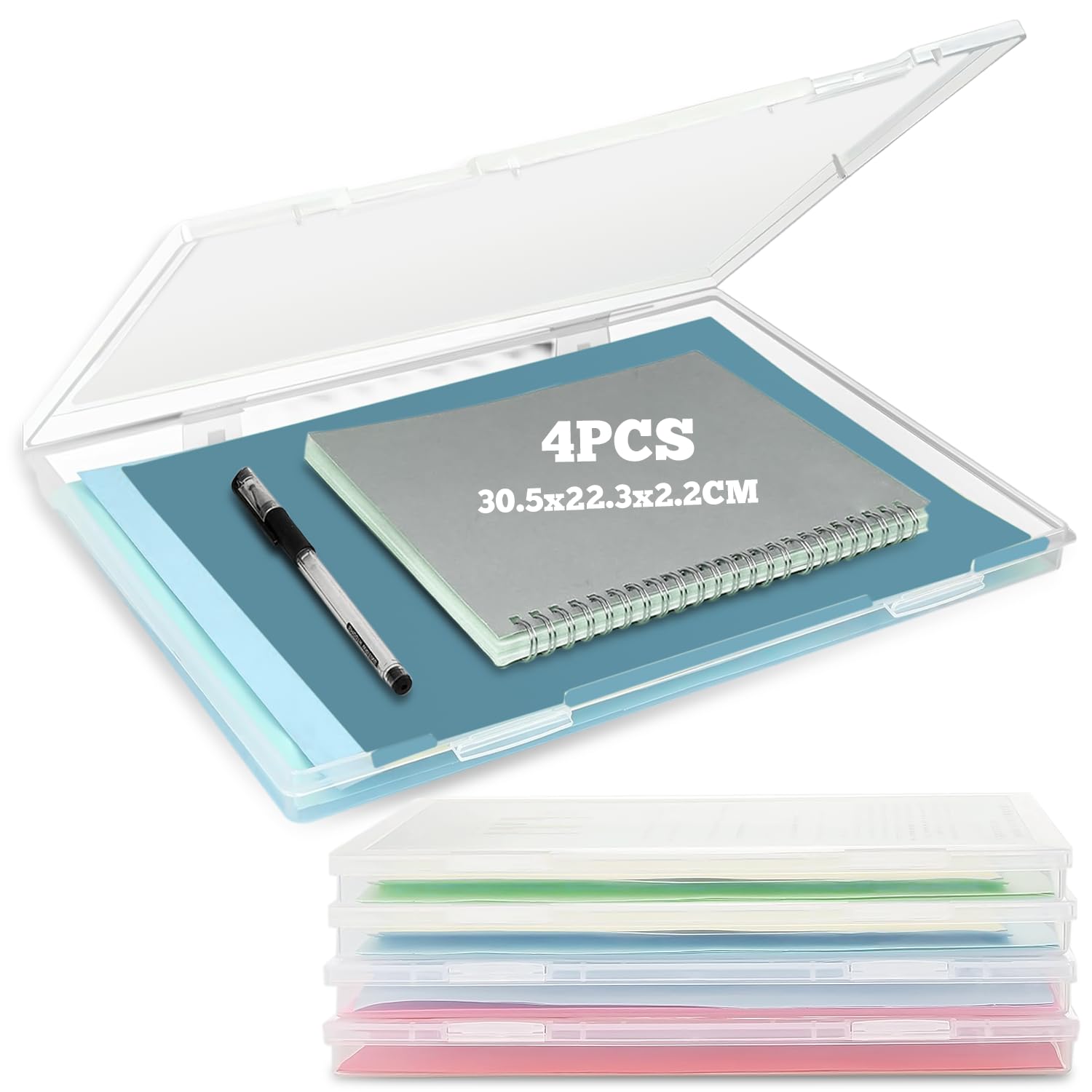 WEGREAT 4 stuks draagbare archiefdozen A4: transparante documentenbox, transparante organizer A4 voor documenten, verzamelalbums, brieven, tijdschriften, stapelbare multifunctionele