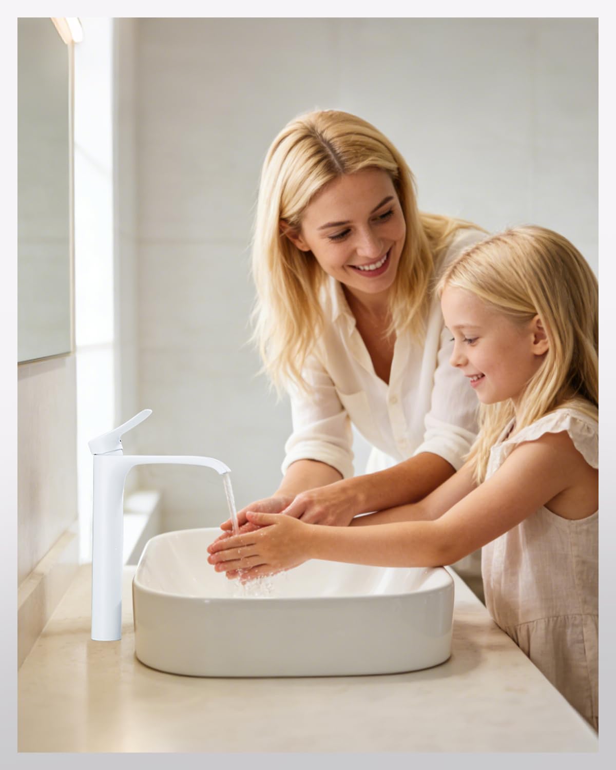 Grifo de baño blanco con cascada, mezclador de baño alto, monomando de lavabo de cascada de latón