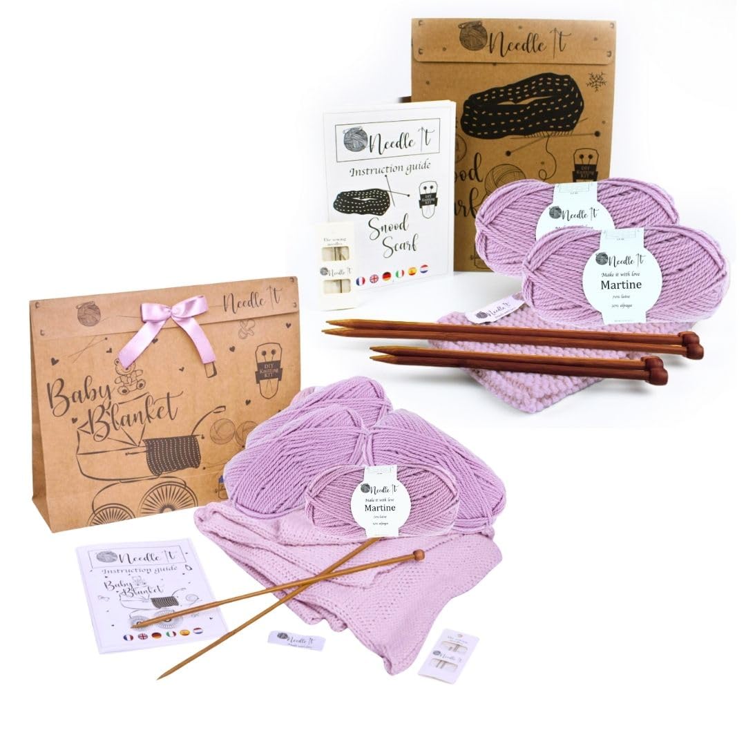 Needle It - 2er Set Strickset für Anfänger Rosa - Babydecke & Snood zum Selberstricken - Bastelset Wolle mit Nadeln - für Kinder und Erwachsene - Kreative Geschenkidee