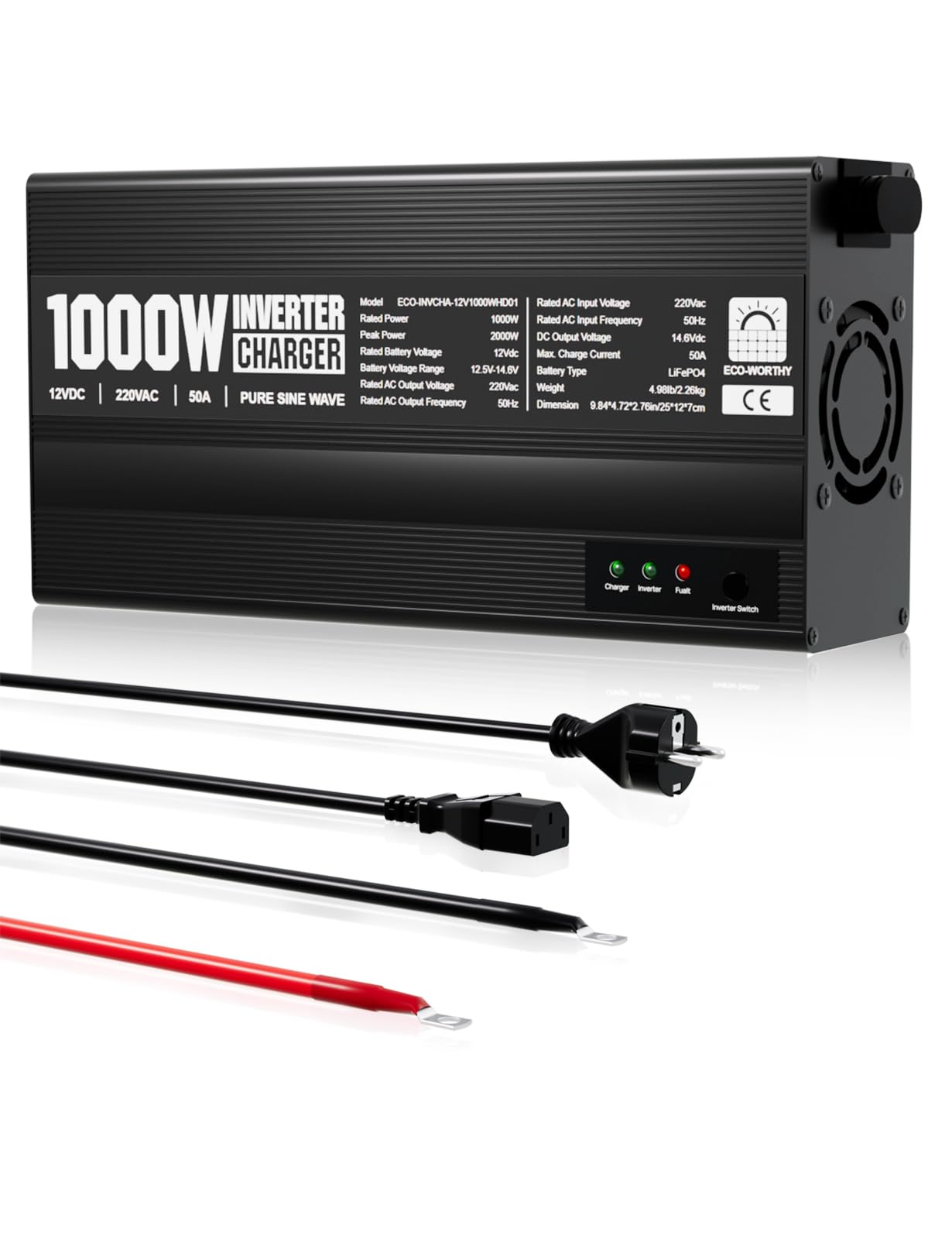ECO-WORTHY 14,6V 50A Chargeur LiFePO4 avec convertisseur 1000W 12V à 230V, priorité au Secteur et Fonction UPS, pour Batterie LiFePO4 Deep Cycle, véhicule, Camion, Voiture