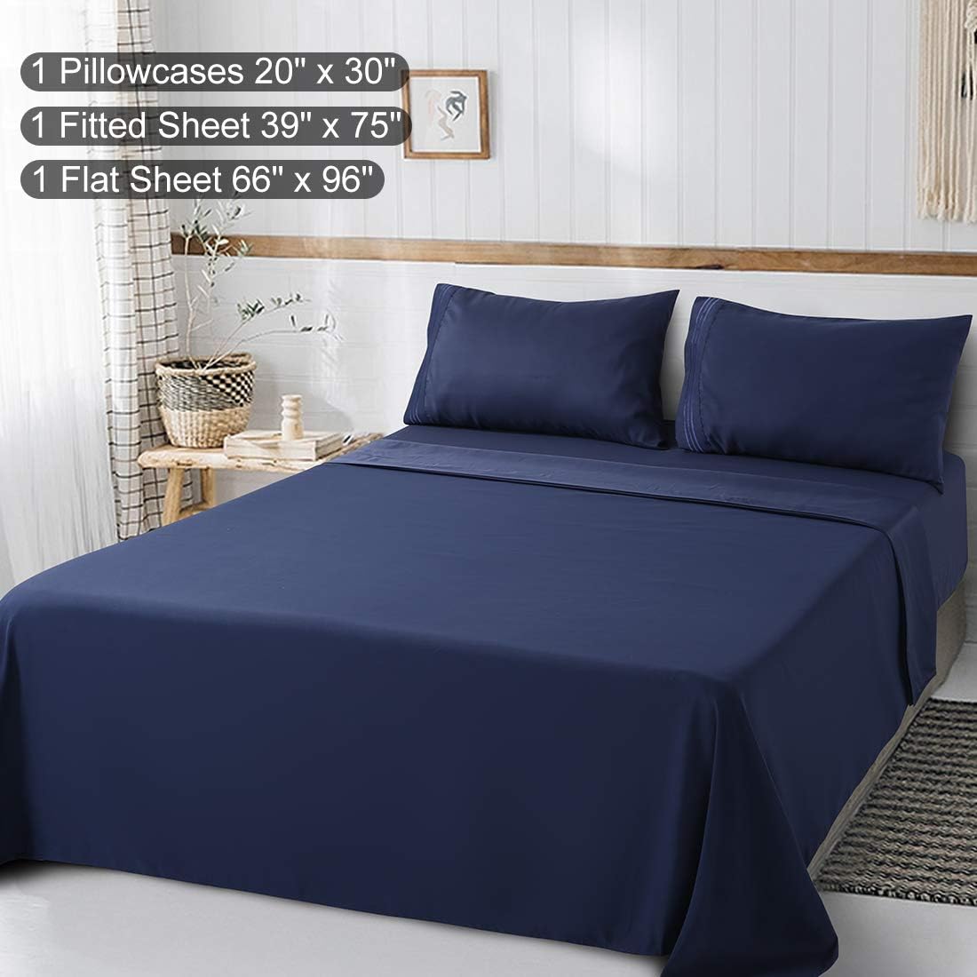 ABAKAN Bed Sheet Set Twin Size Super Soft 3 Piece Bedding Sheet Smooth Microfiber 1800 Thread Count Luxury Premium Cooling Sheets Breathable Fade Resistant Deep Pocket (Twin, Navy Blue)