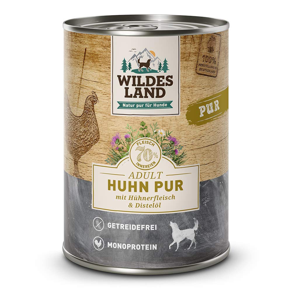 WILDES LAND – Huhn | Nassfutter mit extra hohem Fleischanteil und natürlichen Zutaten für ausgewachsene Hunde. Getreidefreies Alleinfutter ohne Zusatzstoffe in der Dose | 24x400g Huhn