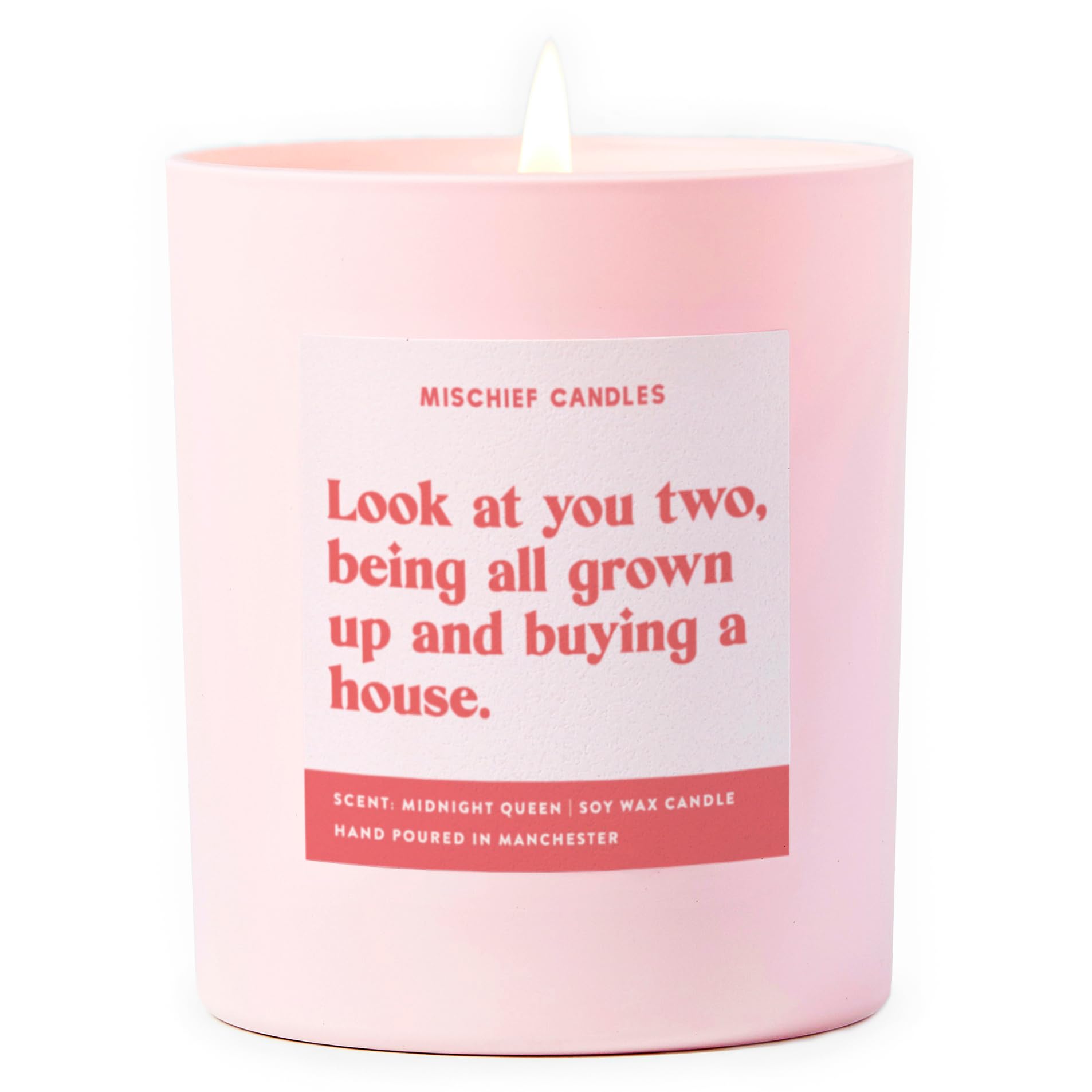 Mischief Candles Pink Funny Gift Housewarming New Home Gifts For House Scented Soy Wax Candle (All Grown Up And Buying A House)