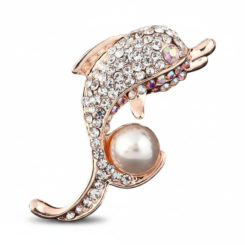 Rose Gold Crystal Dolphin with Pearl Brooch Pin, Alloy, Modern, 3.5x3.5x2 Centimeters, Lobster Claw Clasp-image-40