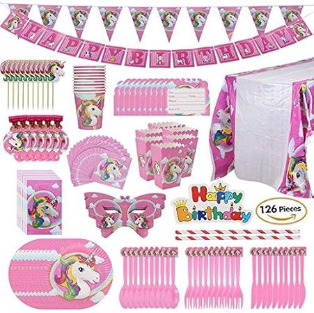 Amazon Co Jp 誕生日 飾り付け 使い捨て食器セット ピンクユニコーンシリーズ スーパーデラックス パーティーパック 食器 紙コップ 紙皿 バースデー バナー 帽子 テーブル掛け 三角フラッグ 誕生日バナー 飾り付け Happy Birthday パーティセット 子供の誕生日パーティー