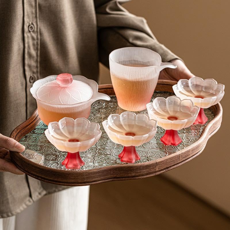 ガラス製 茶道具 7点セット公道杯 蓋碗 花海棠柄茶托盤 茶海 茶器