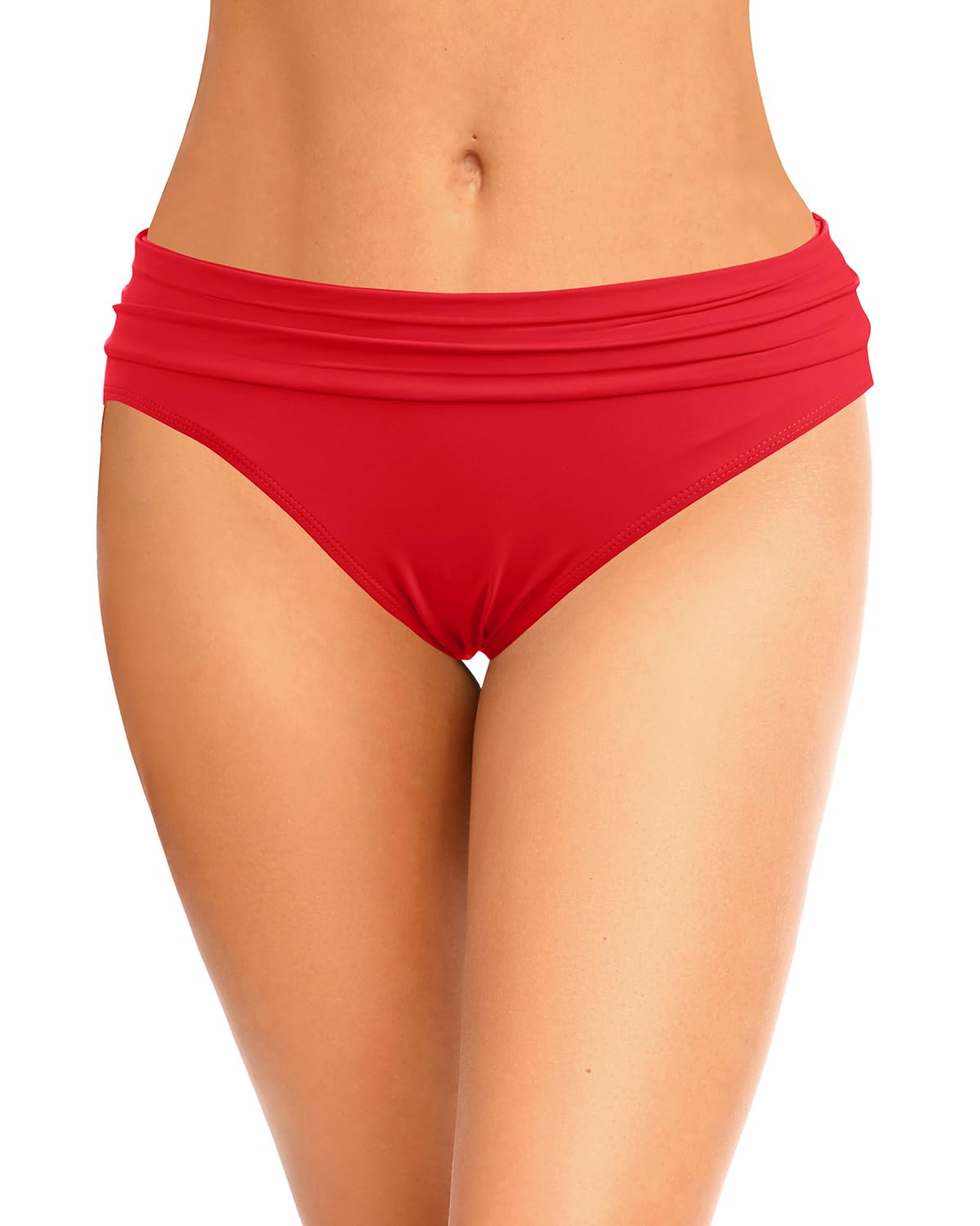 zmart Women's Ruched Bikini Bottoms Mid Waist Tummy Control Swim Bottoms Scrunch Ruffle Bathing Suit Bottom, Red, L-picture-53