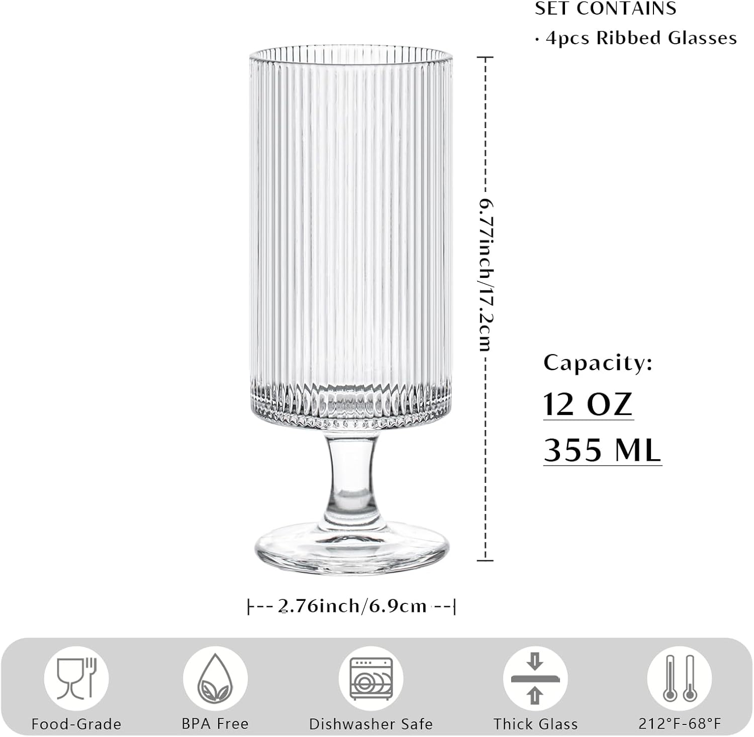 INSETLAN Set of 4 Ribbed Glass Goblets – 12oz Vertical Stripe Stemmed Glassware for Cocktails, Wine, and Beverages – Elegant Durable Glass Cups for Parties, Weddings, and Everyday Use - Image 2