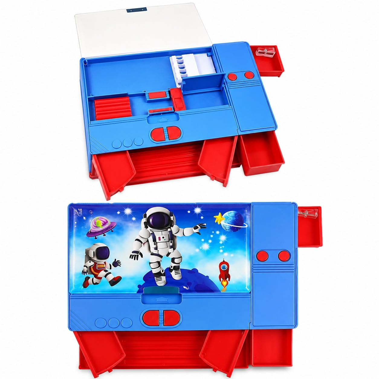 SMAX Plastic Pencil Box for Kids Jumbo Size Multi-Functional Astronaut Theme Pencil Geometry Box with Integrated Sharpner (Sky)-image-1