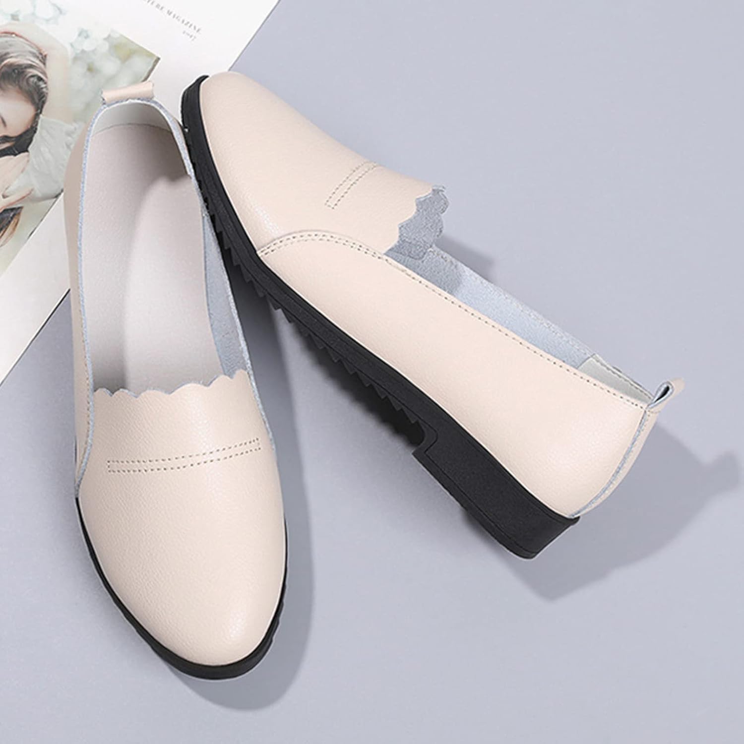 [PANLON] レディースモカシン 23.5cm モカシンシューズ ラウンドトゥシューズ アプリコット ナースシューズ 学生靴 レ