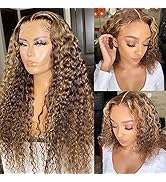 CYNOSURE 13x4 Curly Honey Blond Ombre Color Highlight Lace Front Human Hair Wigs for Women Invisi...