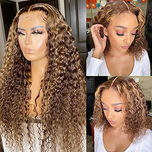 CYNOSURE 13x4 Curly Honey Blond Ombre Color Highlight Lace Front Human Hair Wigs for Women Invisible Pre Plucked (24 Inch, Highlight)