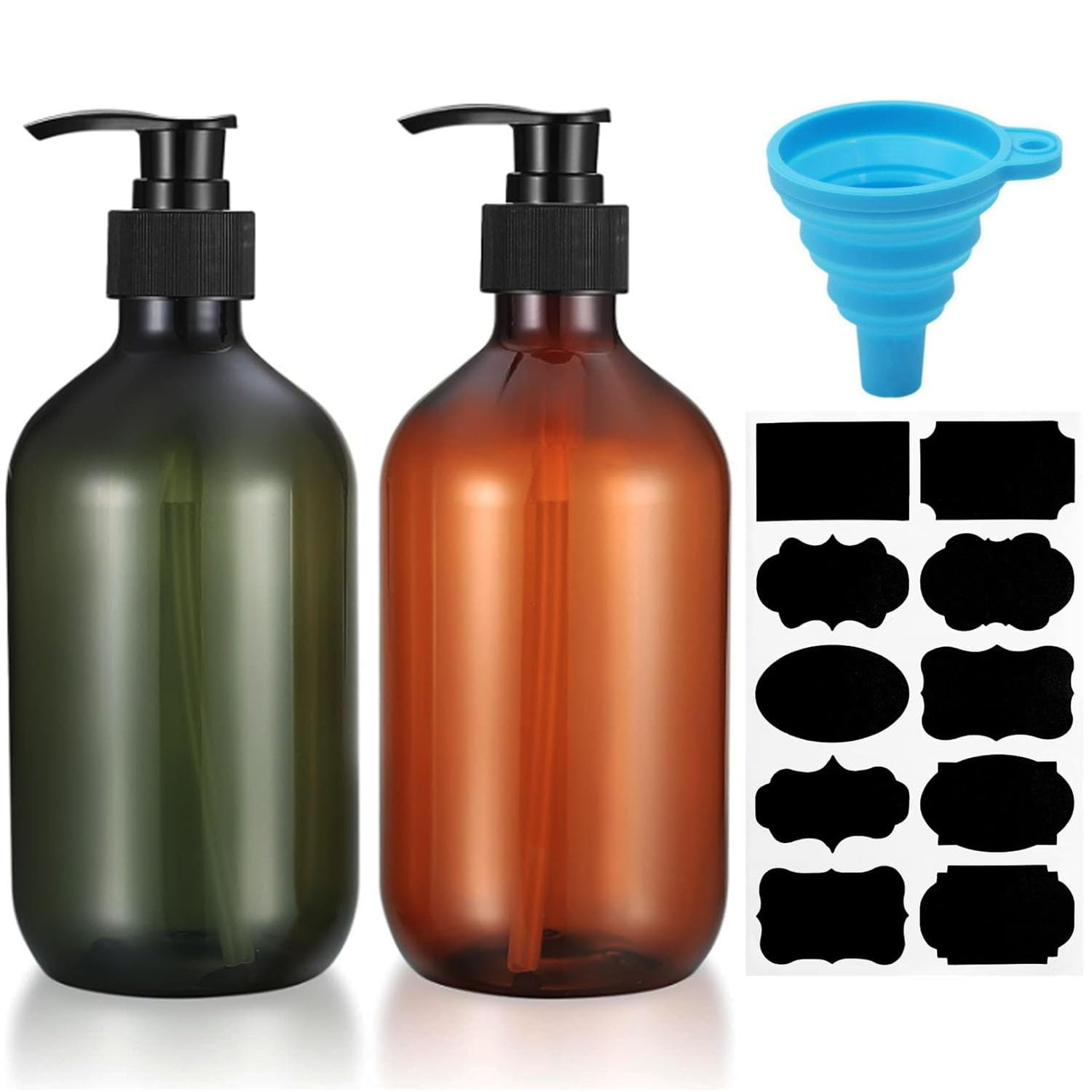 2 Package Shampoo Bottles With Pump, 500ml Brown Plastic shampoo bottles with pump, Kitchen And Bathroom Hand Soap Dispenser With Sticker Soft Rubber Funnel Reusable Amber Soap Dispenser (Brown&Green)