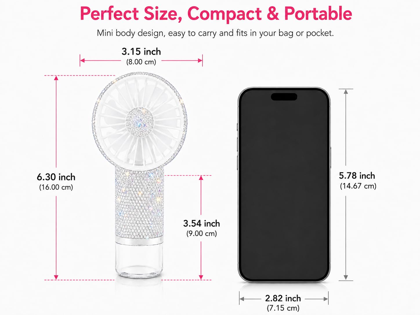 Lindo gato ventilador de mano con spray de niebla, ventilador personal portátil recargable por USB, diseño de diamante de viento fuerte, mini ventilador plateado para viajes, oficina, exteriores