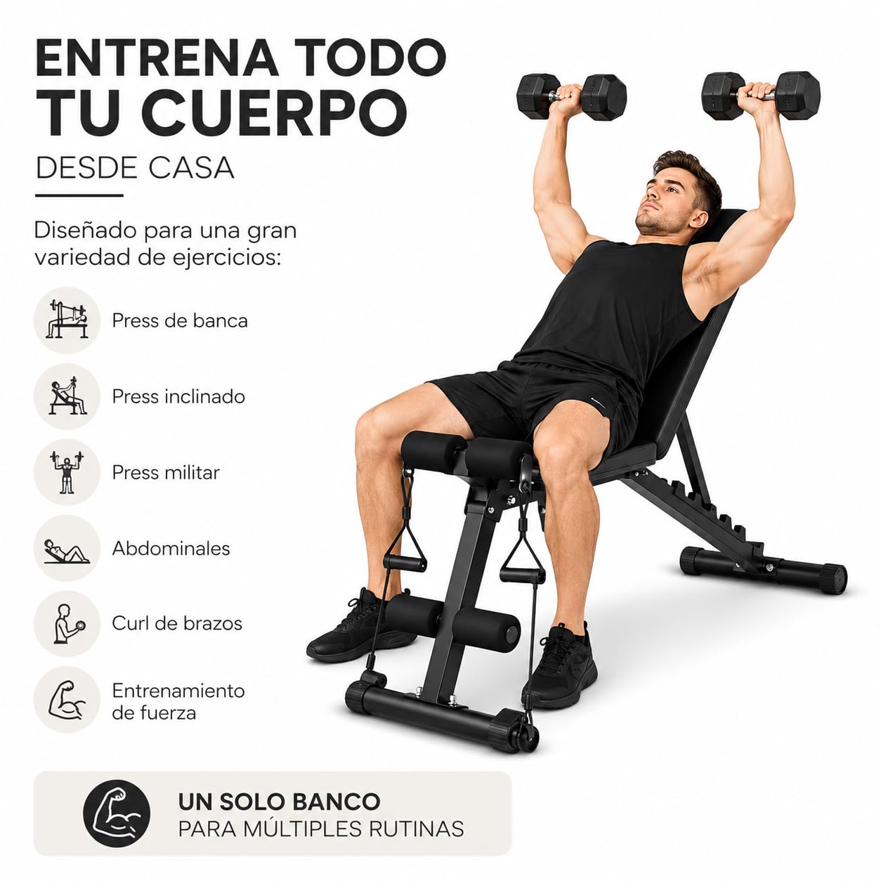 Banco de musculación plegable multifunción – Respaldo ajustable 7 posiciones, estructura triangular de acero, 2 bandas de resistencia incluidas – Banco fitness para casa