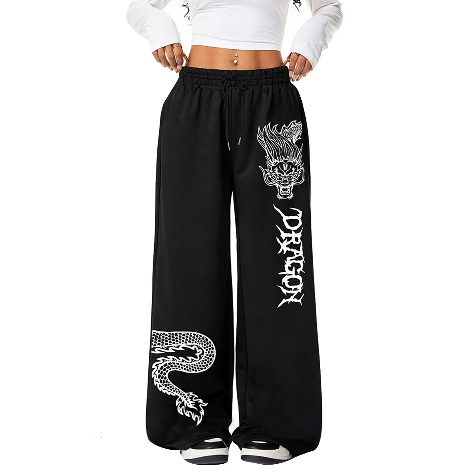 xueneige Gothic Print Trousers Streetwear Hip-Hop Casual Wide-Leg Joggers Unisex Loose Drawstring Y2K Pants