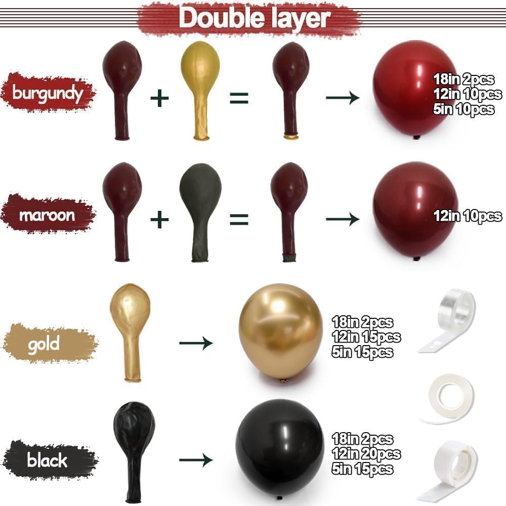 Burgundy Black Gold Balloon Garland Double Stuffed Dark Red Gold Maroon Black Balloon Arch Kit for Birthday Graduation Anniversary Prom Party Decoration