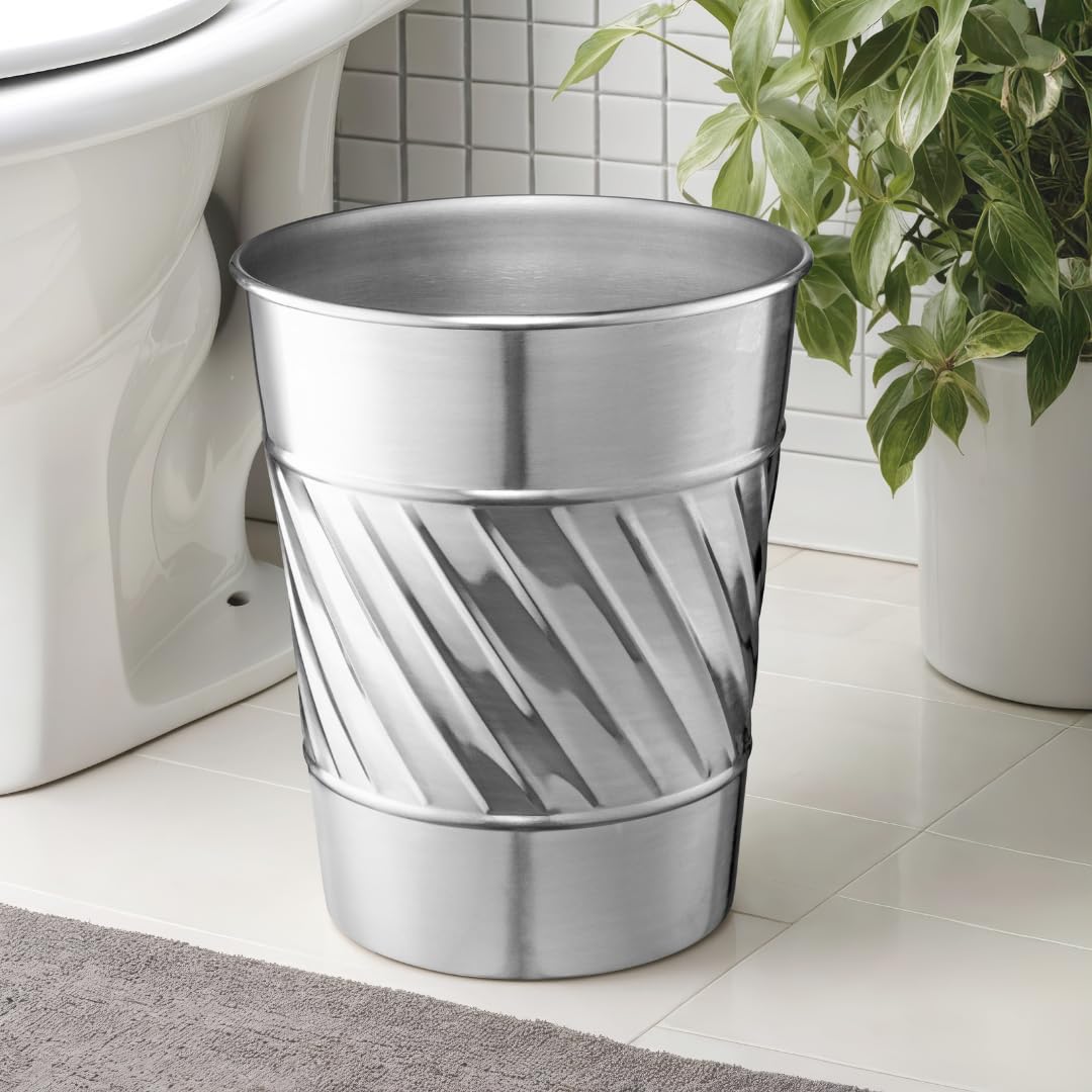 Monarch Abode Metal Bathroom Trash Can – Waste Basket for Bedroom, Office Desk, & Dorm, Handcrafted Wave Embossed, Durable Decorative Nickel Chrome Small Trash Can Bathroom Garbage Bin Wastebasket