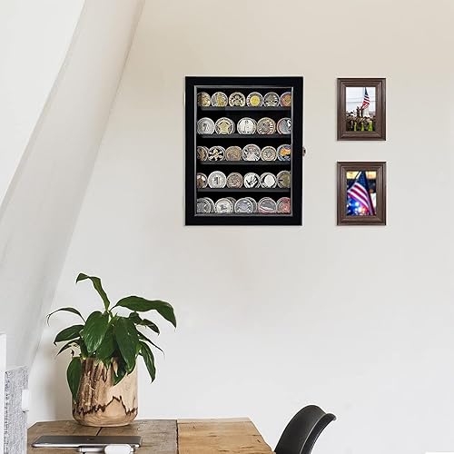 Miniatura 6 de Soporte para monedas de desafío militar de 5 filas con cerradura con estantes extraíbles, soporte de madera militar para monedas, caja de sombra con