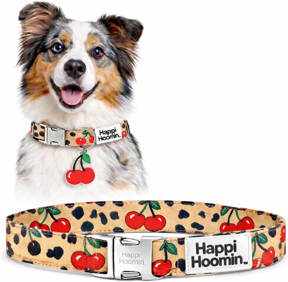 Stylish Dog Collar Leash Set 3-Piece – Adjustable Velvet Dog Collar with Metal Buckle & Poop Bag Holder for Medium & Large Dogs, Cute Fashion Pet Set (Cheetah & Cherries)