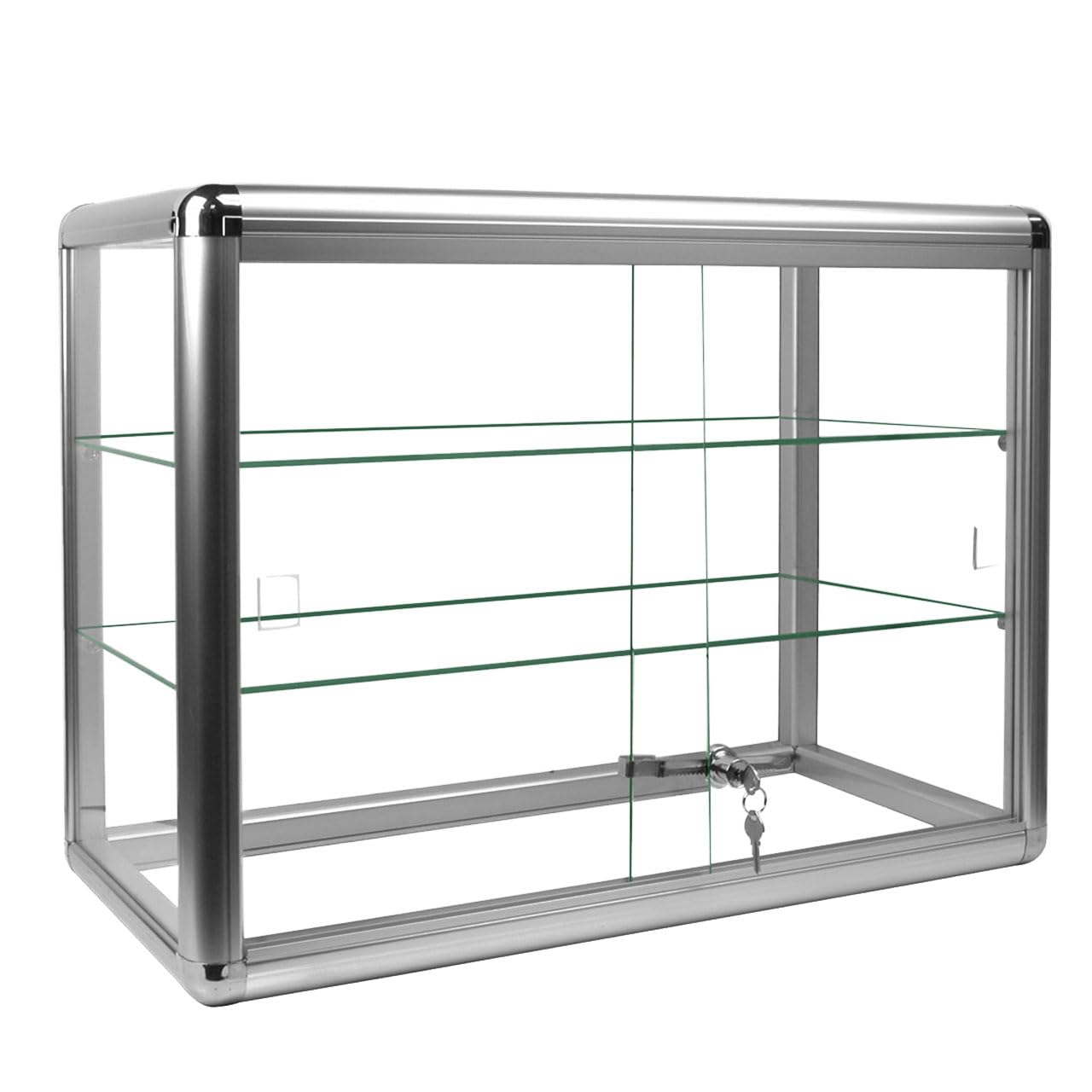 Only Hangers Elegant Silver Anodized Aluminum Display Table Top Tempered Glass Show Case. Sliding Tempered Glass Sliding Doors with Key Lock-