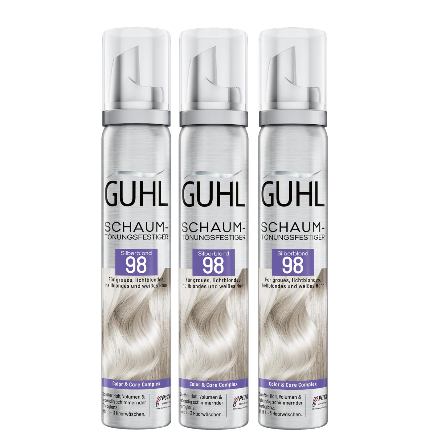 Guhl Schaum-Tönungsfestiger Vorteils-Set - Inhalt: 3x 100 ml - Farbe 98 - Silberblond - Für graues, lichtblondes, hellblondes und weißes Haar - Sanfter Halt, Volumen und Farbglanz